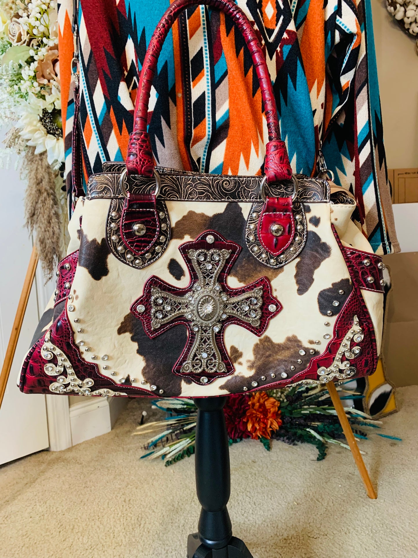 Cowhide Rhinestone Cross Purse