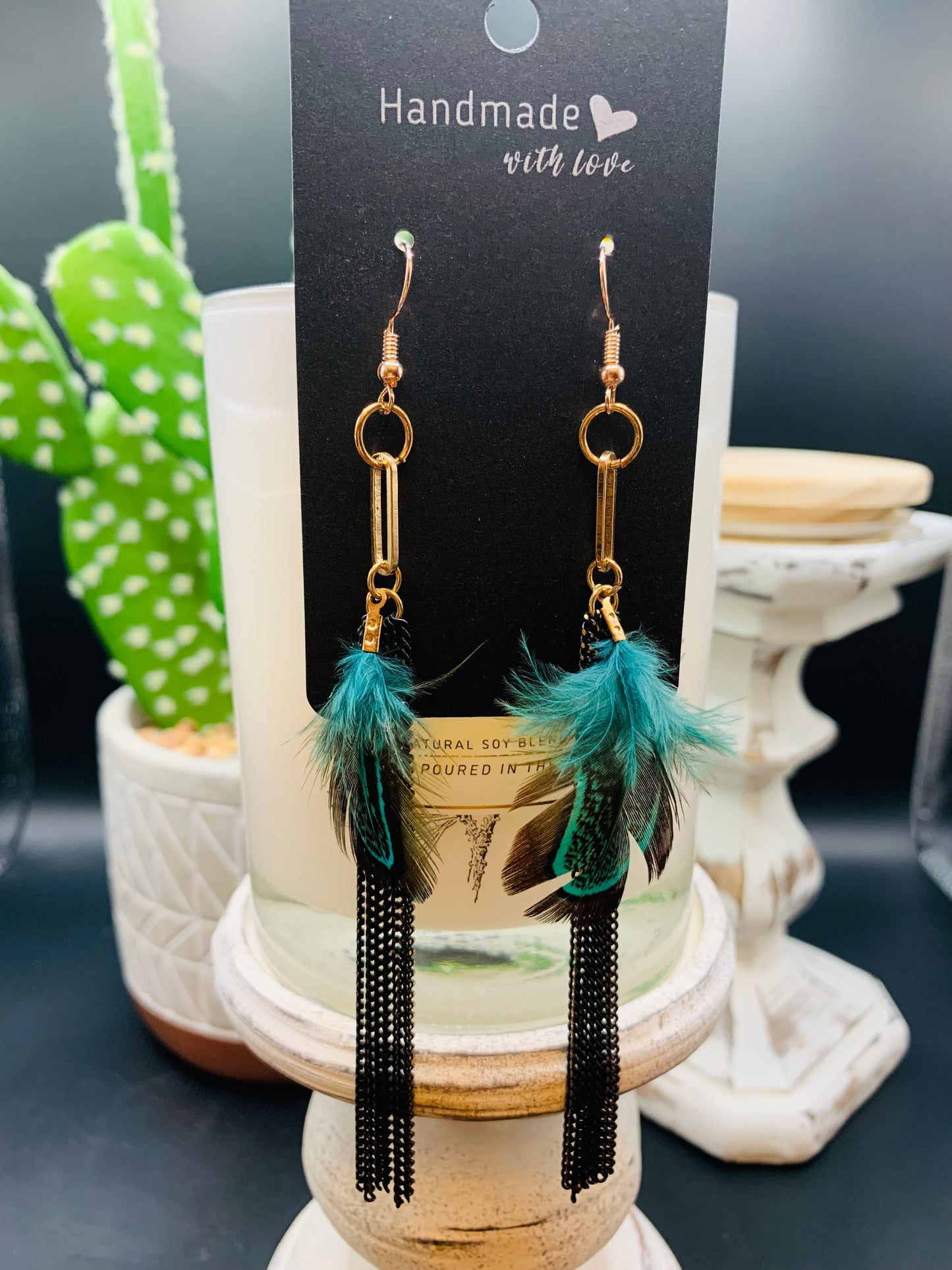 Turquoise/Rose Gold Feather Dangling Earrings