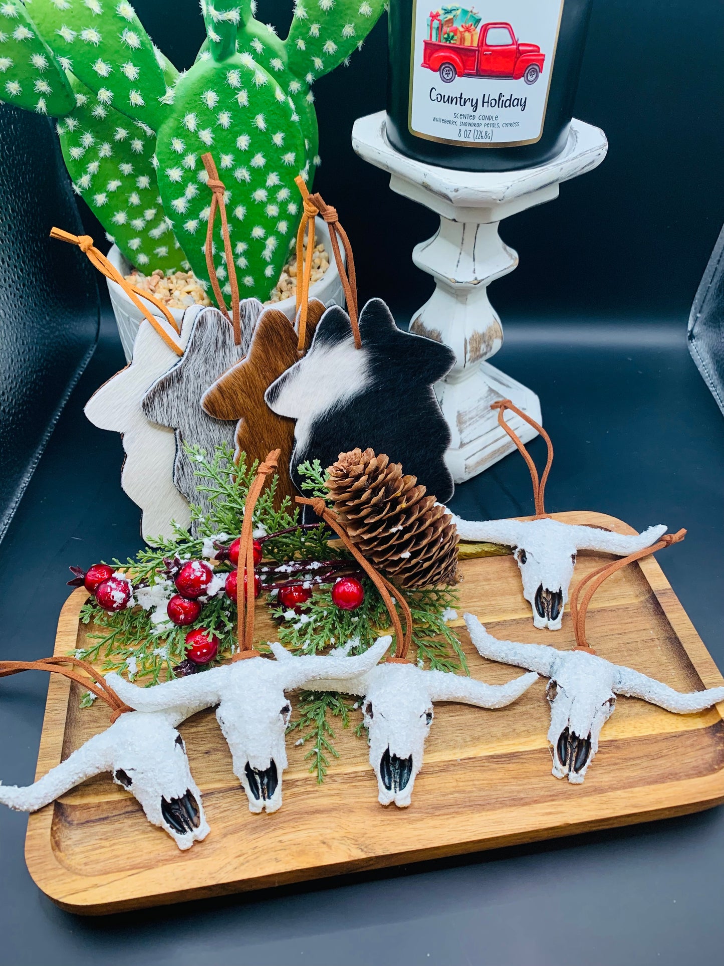 "Snow Drift" Bull Skull and Cowhide Rug Ornaments -9pc Set