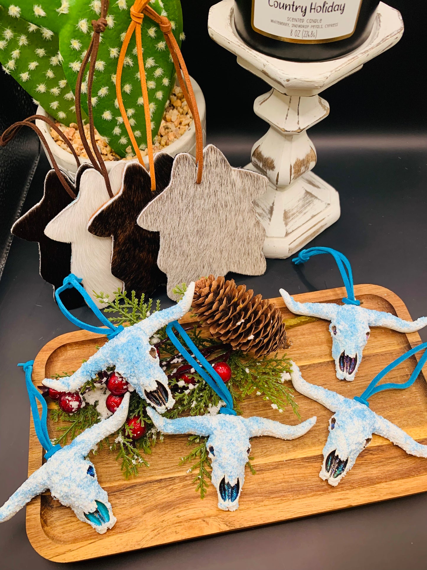 "Winter Skies" Bull Skull and Cowhide Rug Ornaments -9pc Set