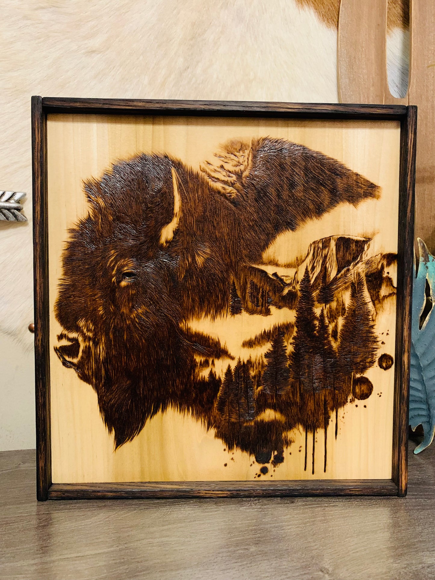 Hand Burned "Wild Bison in a River Canyon"