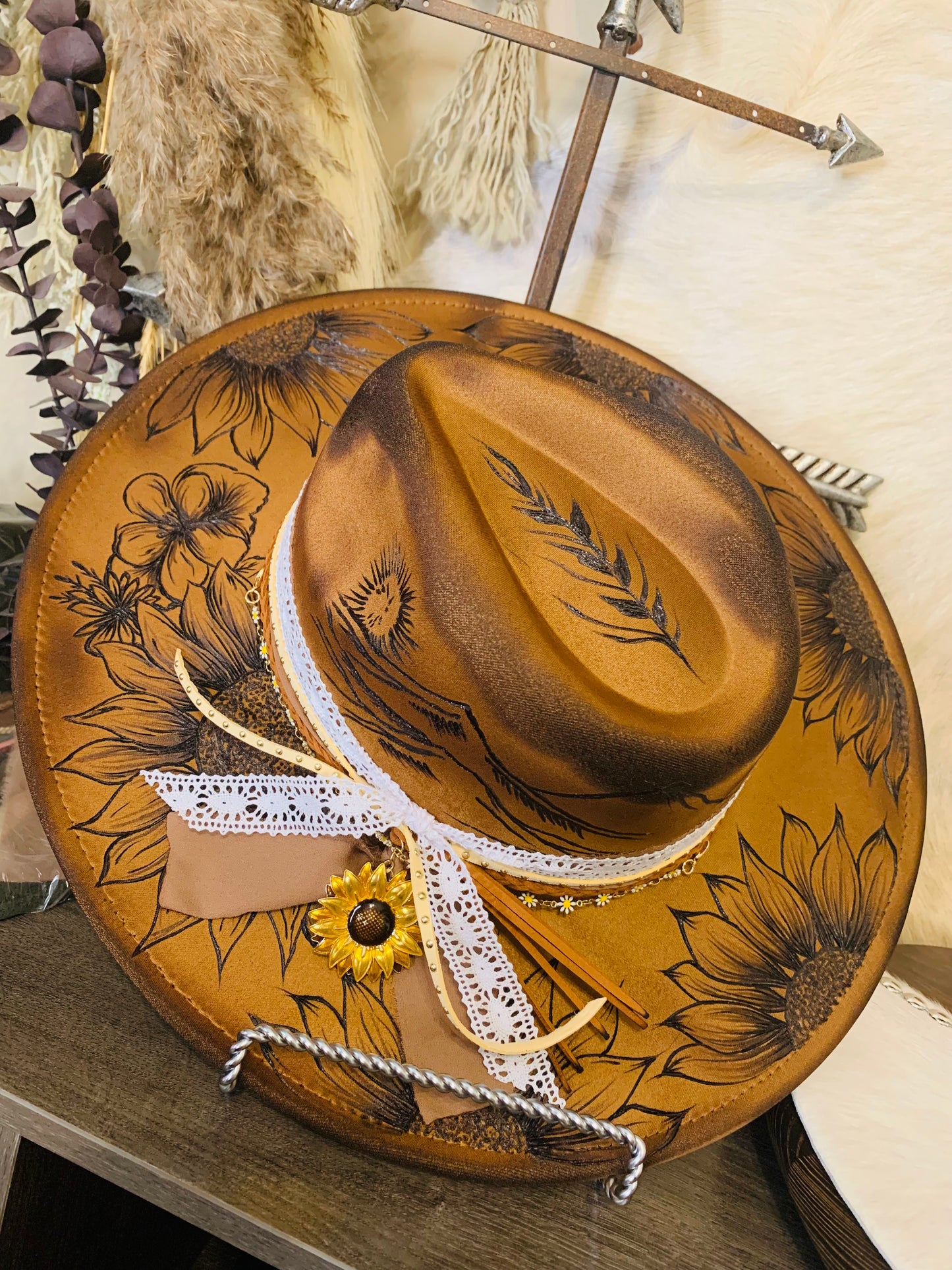 Hand Burned Rancher Hat with Sunflowers/Mountain Design