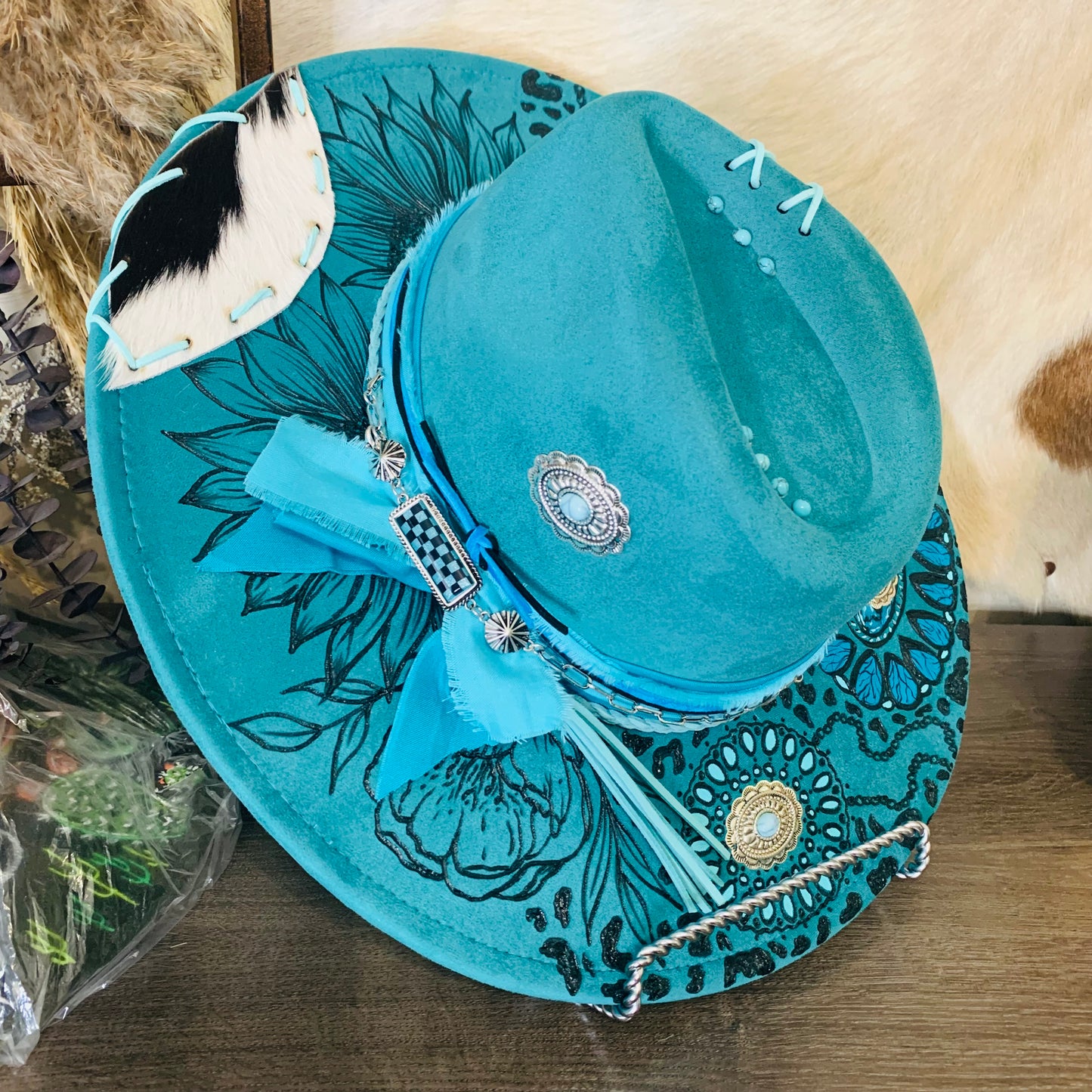 Hand Burned Rancher Hat with Squash Blossom/Concho Design