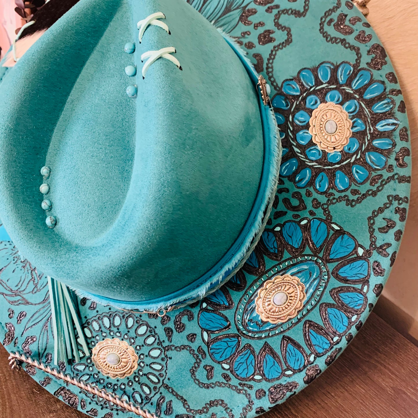 Hand Burned Rancher Hat with Squash Blossom/Concho Design