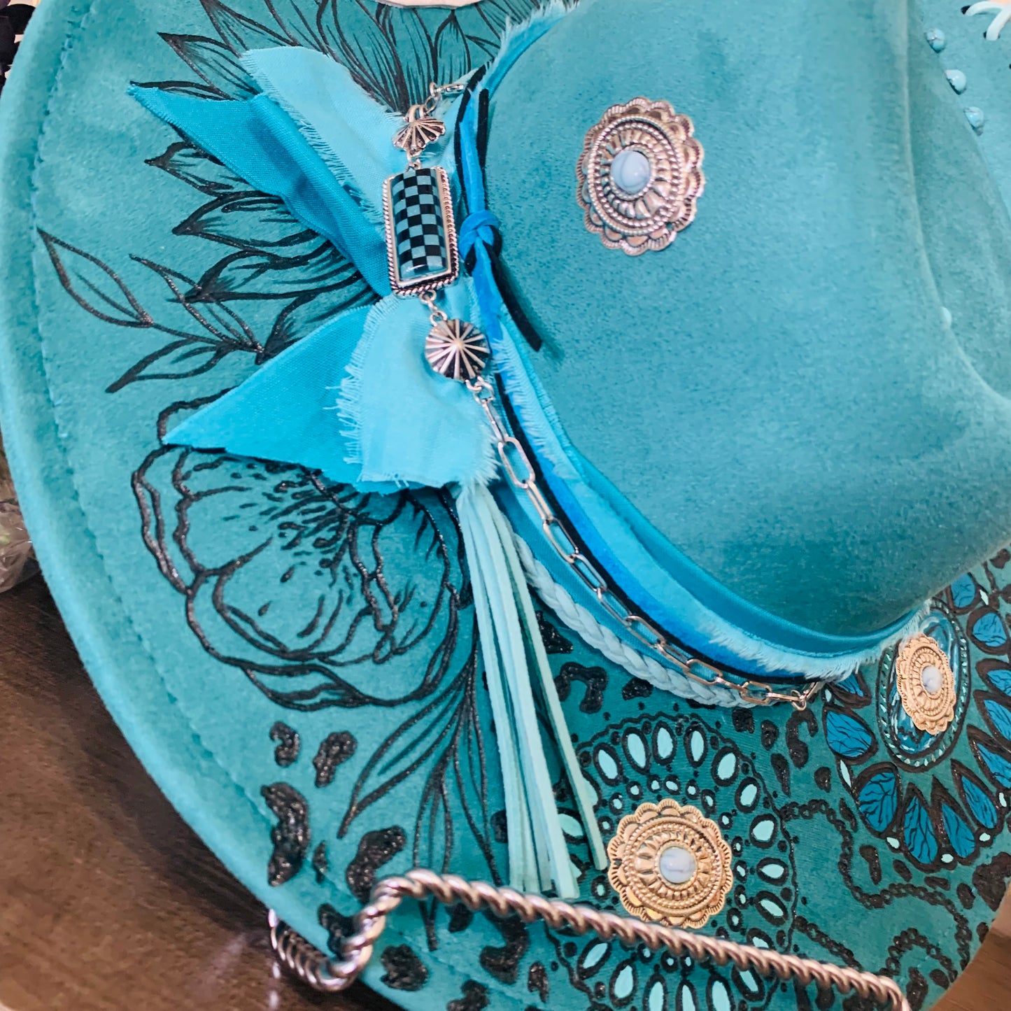 Hand Burned Rancher Hat with Squash Blossom/Concho Design