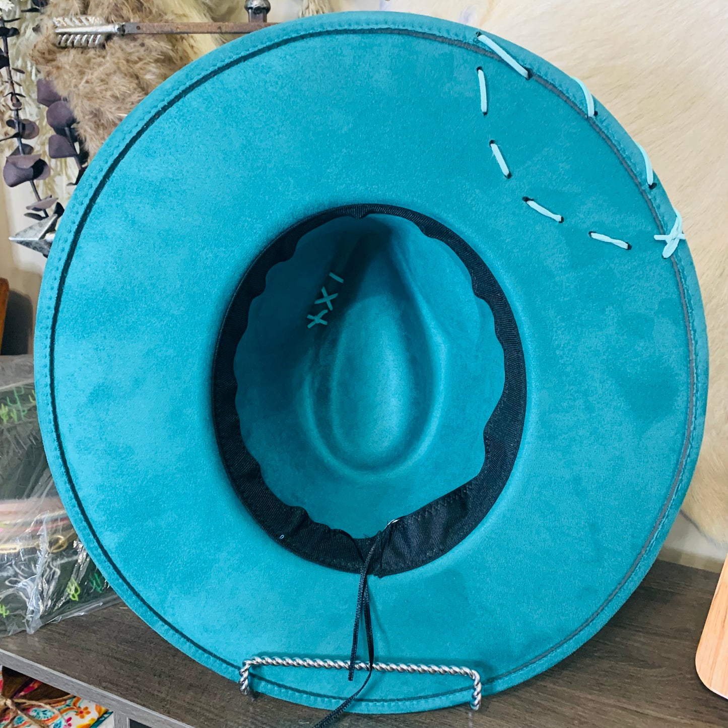 Hand Burned Rancher Hat with Squash Blossom/Concho Design