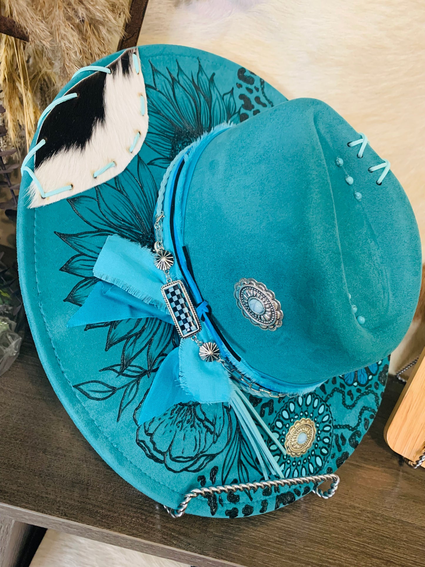 Hand Burned Rancher Hat with Squash Blossom/Concho Design