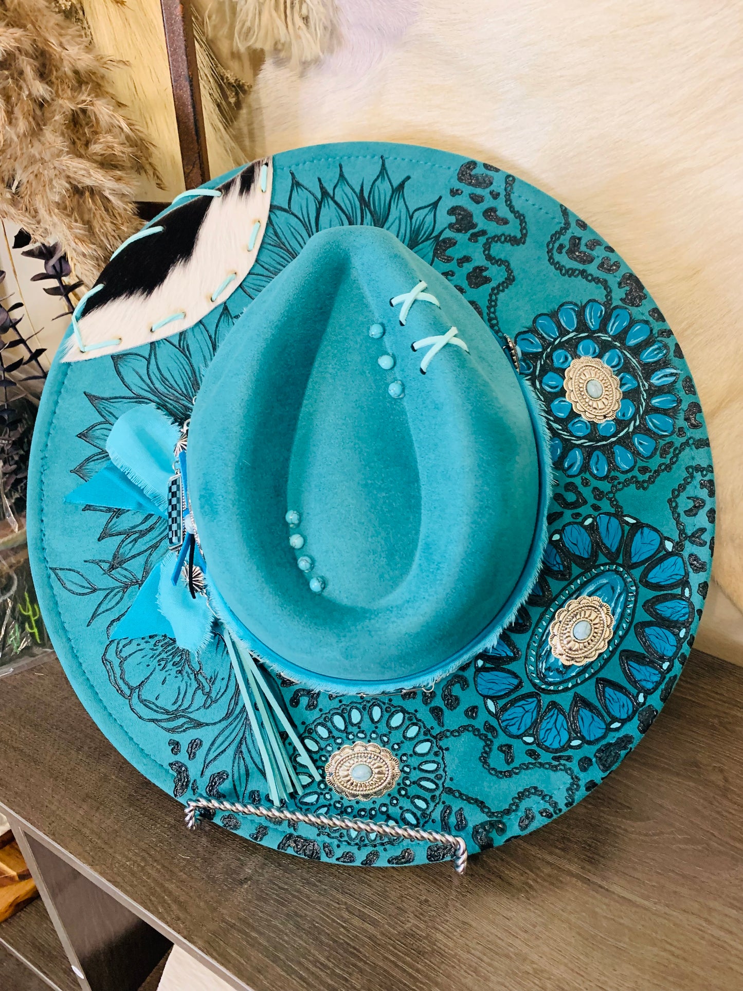 Hand Burned Rancher Hat with Squash Blossom/Concho Design