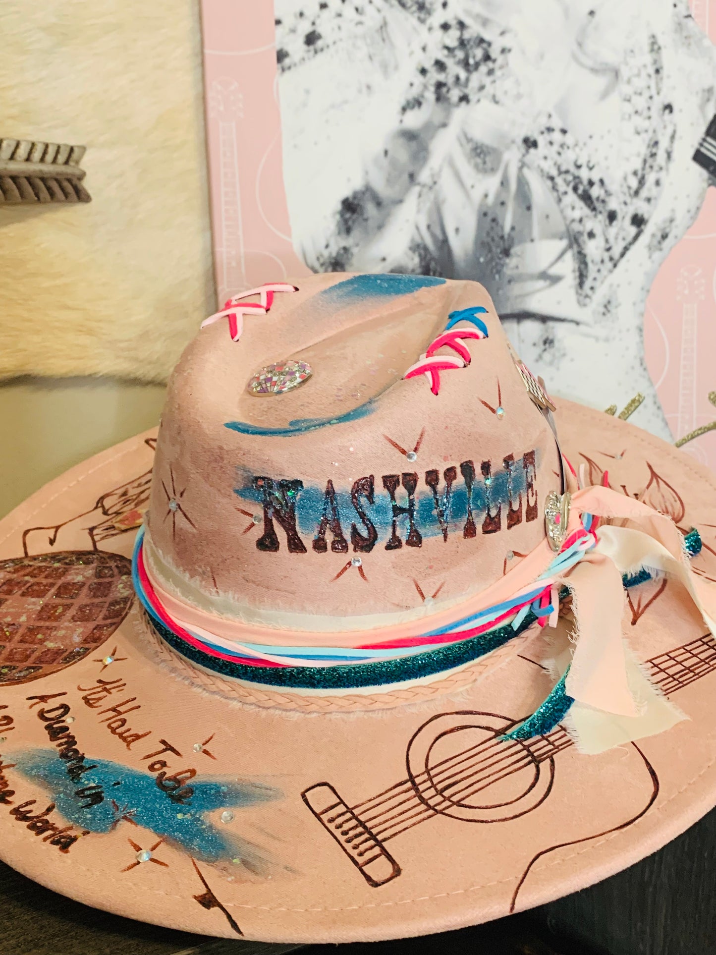 Hand Burned Rancher Hat with Dolly/Nashville Design