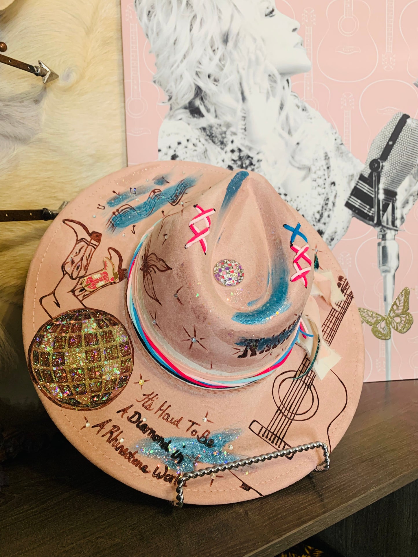 Hand Burned Rancher Hat with Dolly/Nashville Design