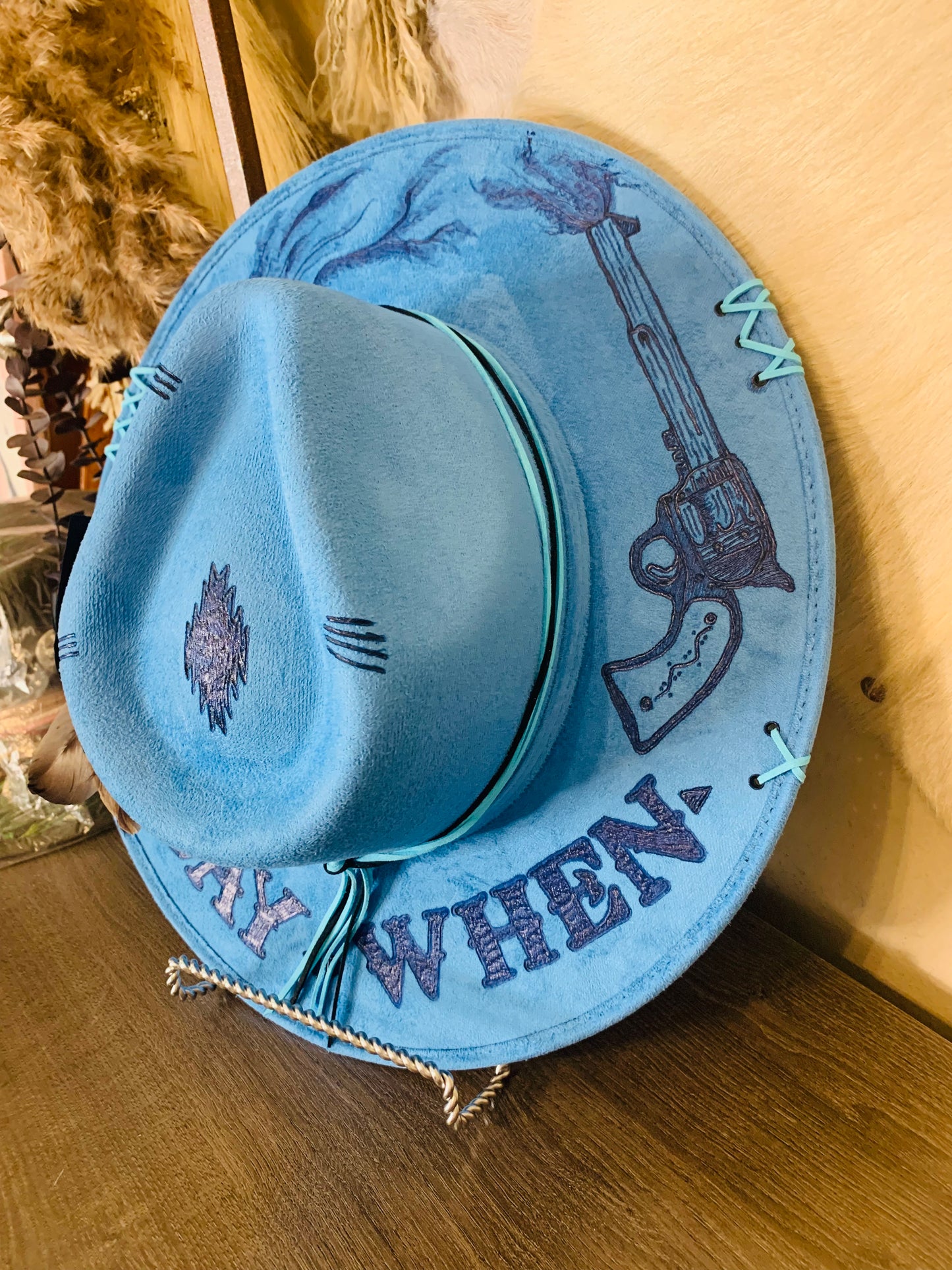 Hand Burned Rancher Hat with Pistols "Say When" Design