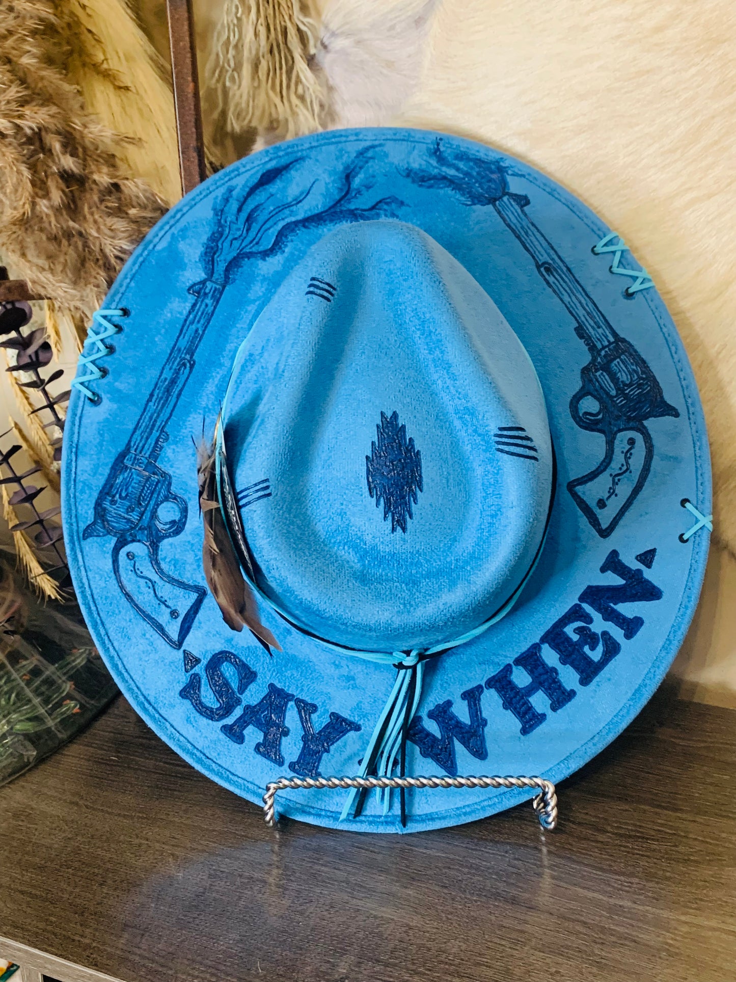 Hand Burned Rancher Hat with Pistols "Say When" Design