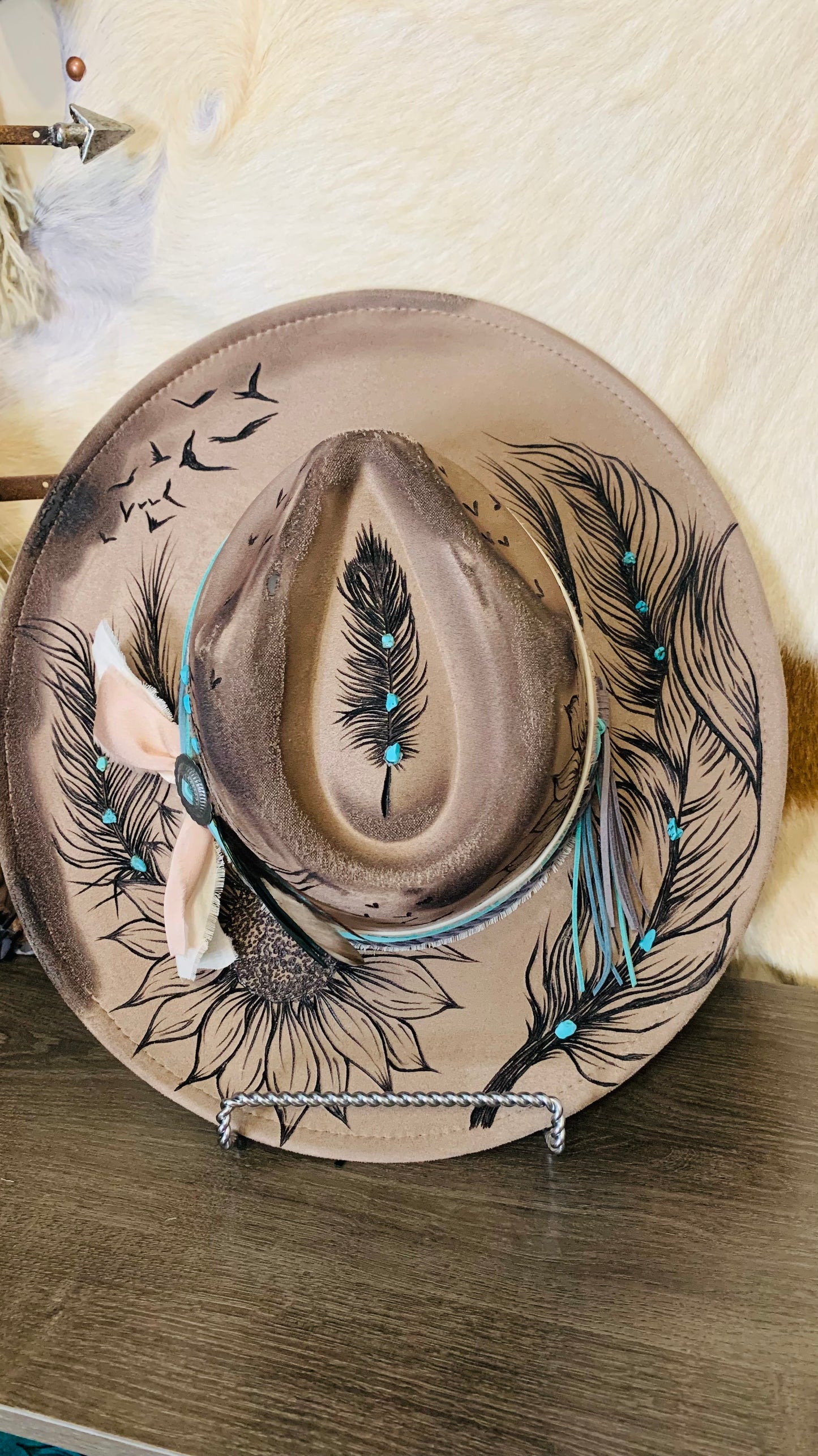 Hand Burned Rancher Hat with Feathers "On A Wing & A Prayer"