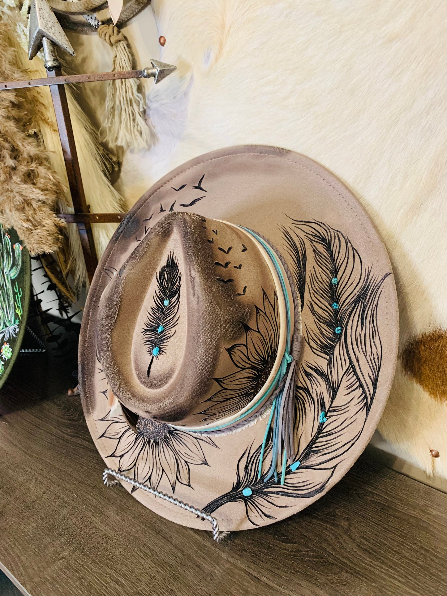 Hand Burned Rancher Hat with Feathers "On A Wing & A Prayer"