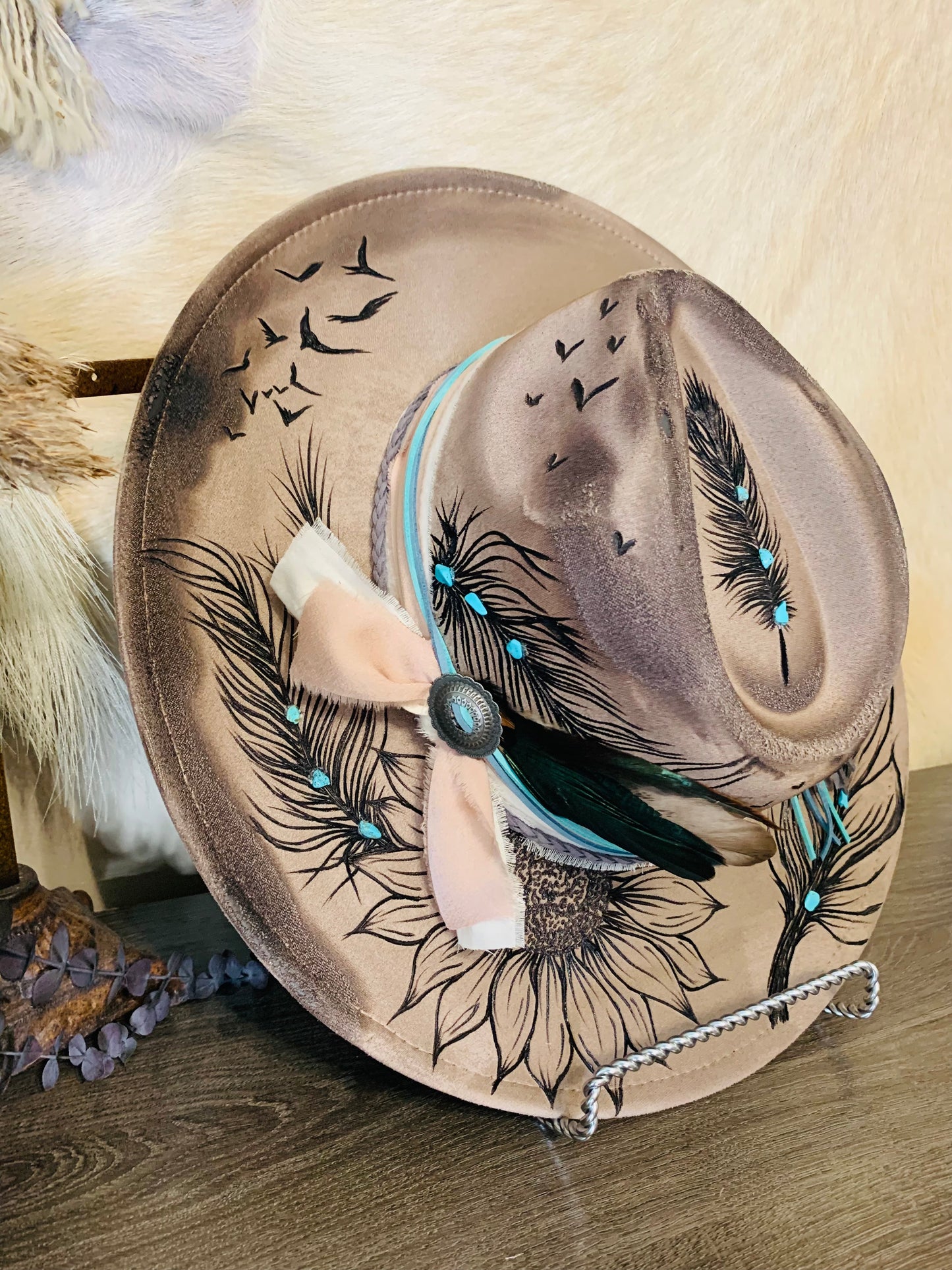 Hand Burned Rancher Hat with Feathers "On A Wing & A Prayer"