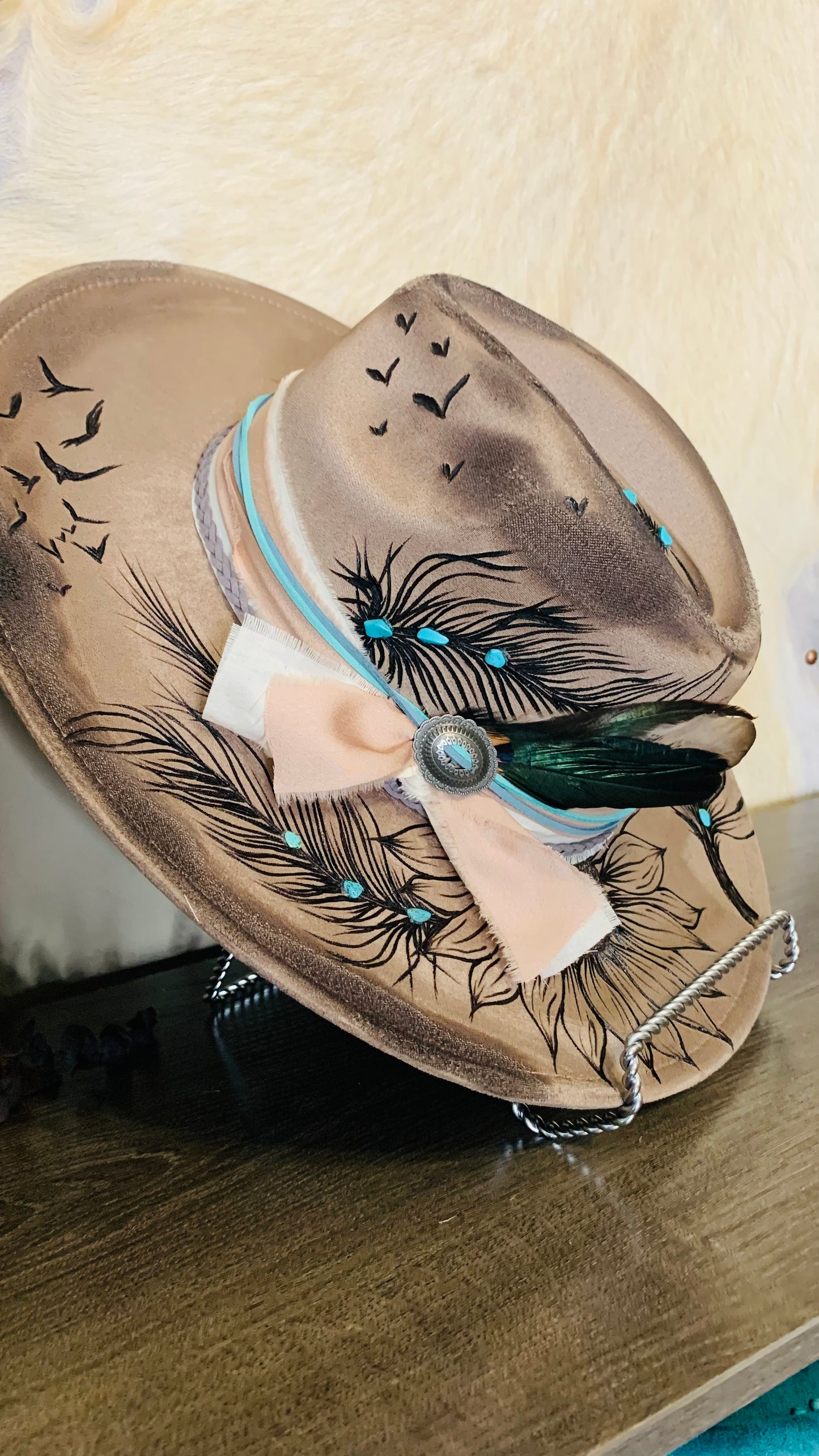 Hand Burned Rancher Hat with Feathers "On A Wing & A Prayer"