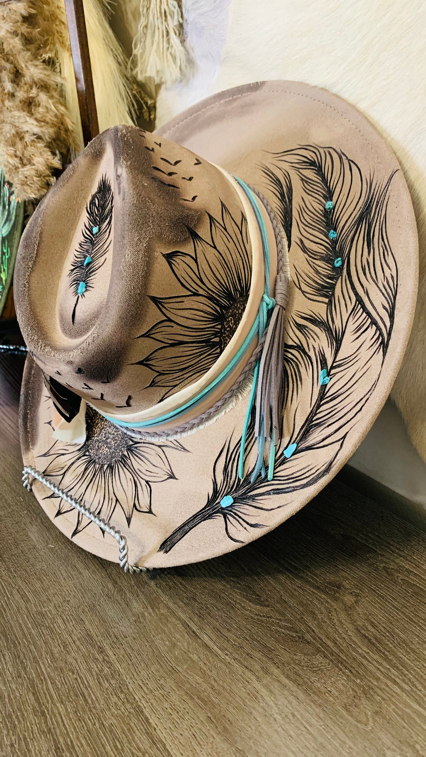 Hand Burned Rancher Hat with Feathers "On A Wing & A Prayer"