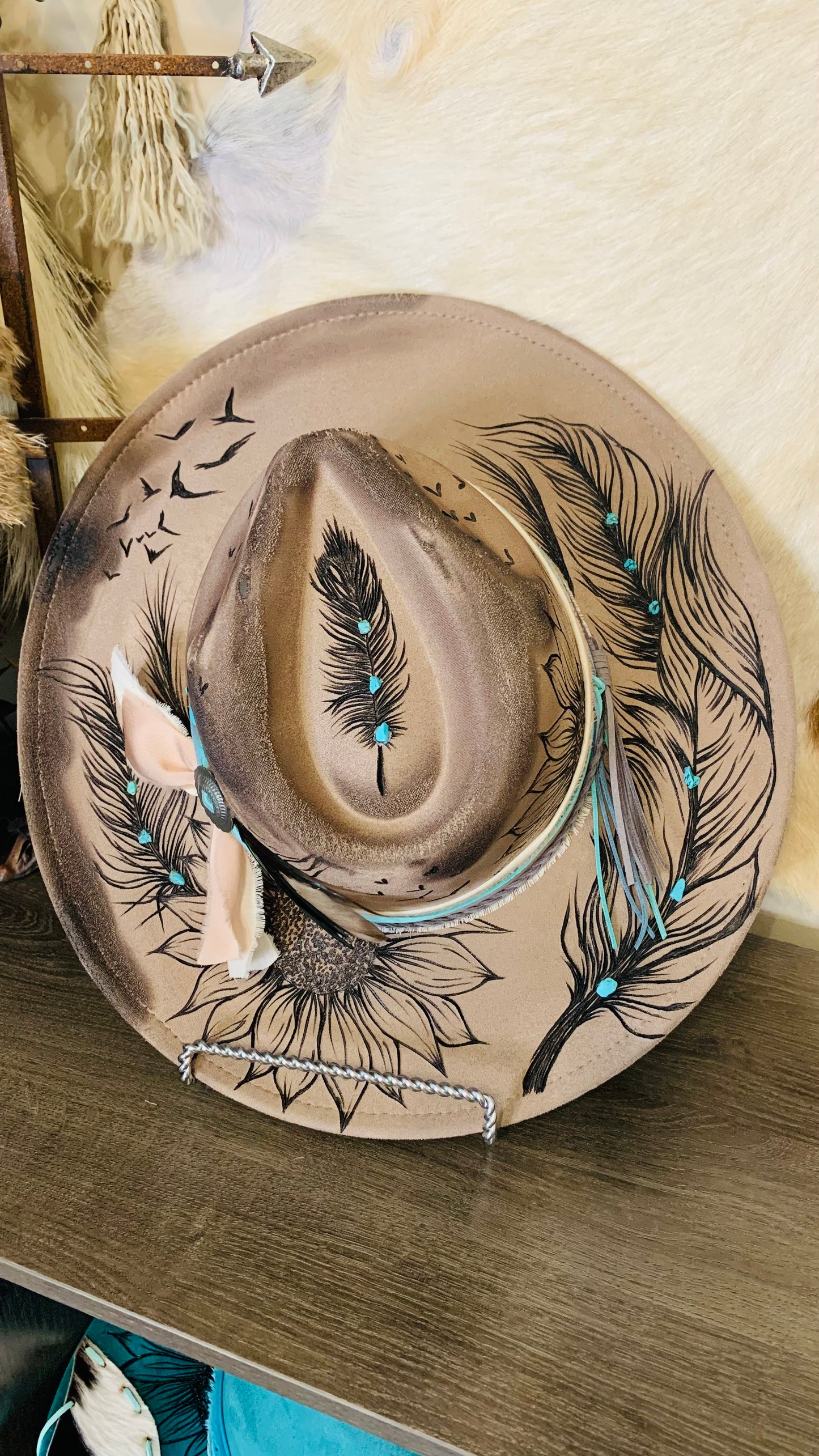 Hand Burned Rancher Hat with Feathers "On A Wing & A Prayer"