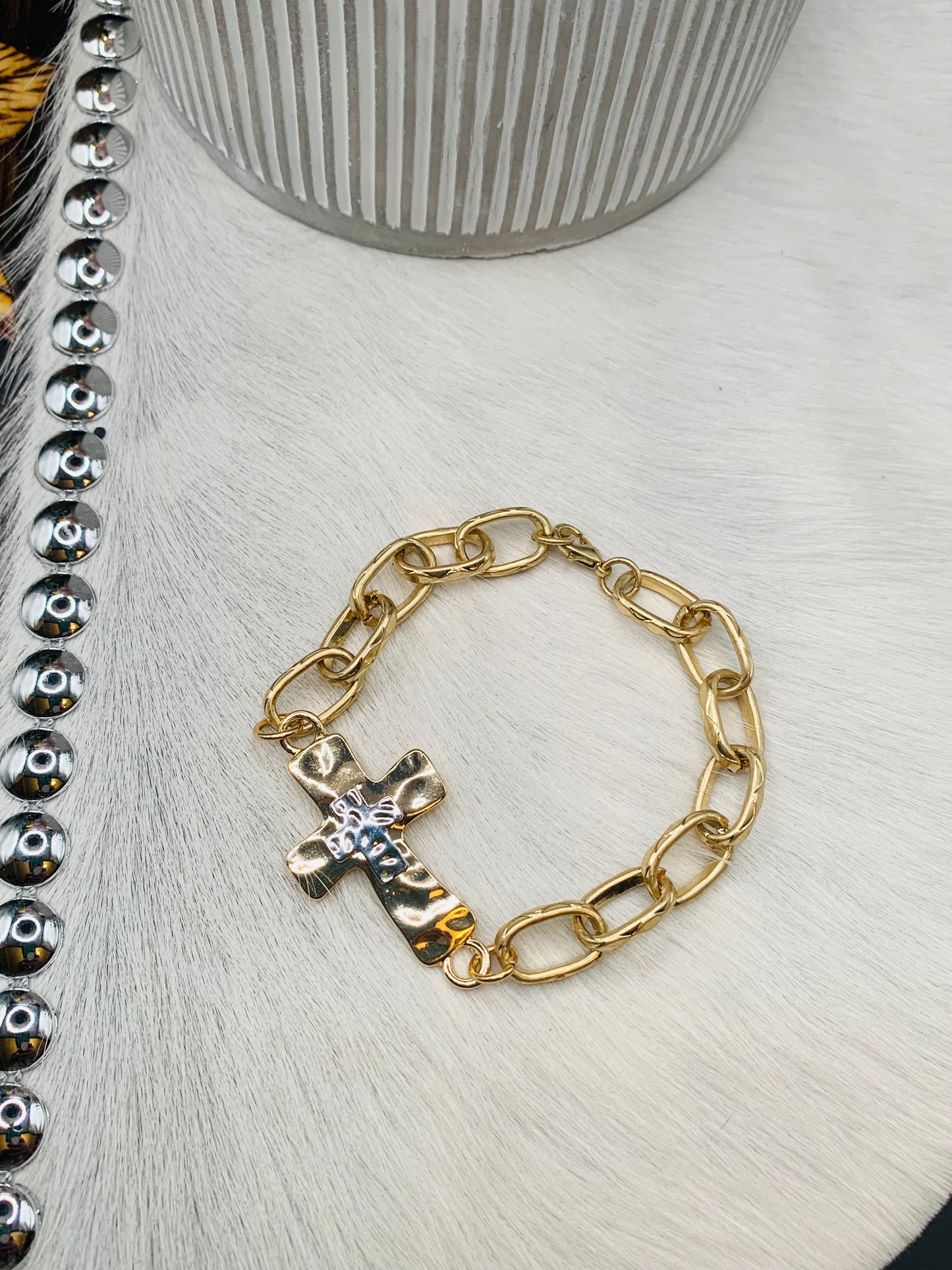 Gold Hammered Cross Bracelet