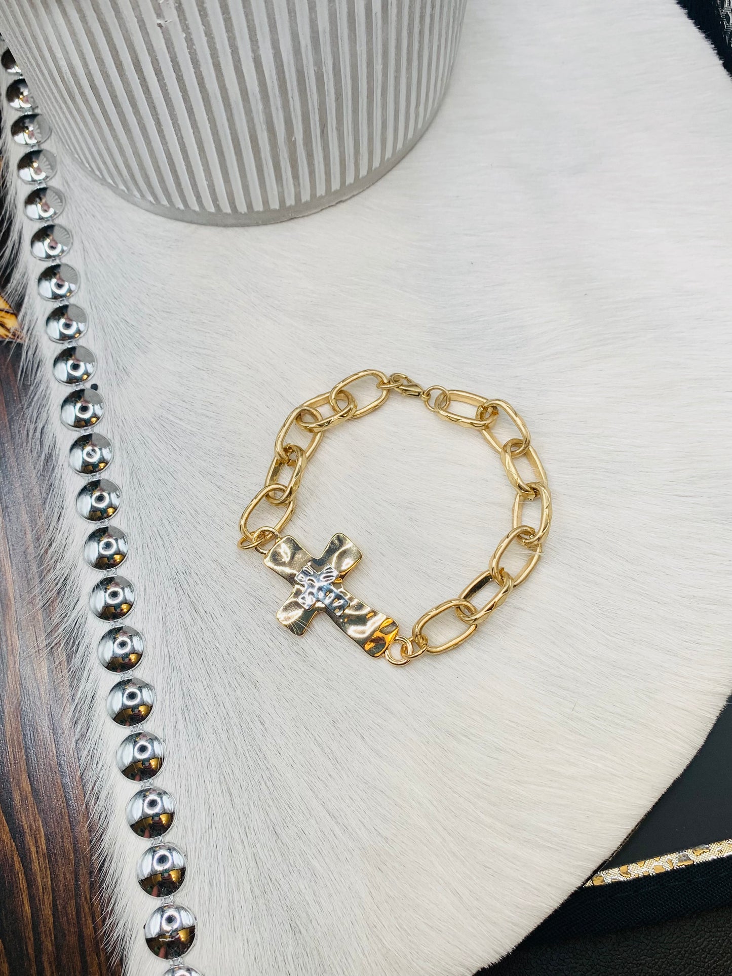 Gold Hammered Cross Bracelet