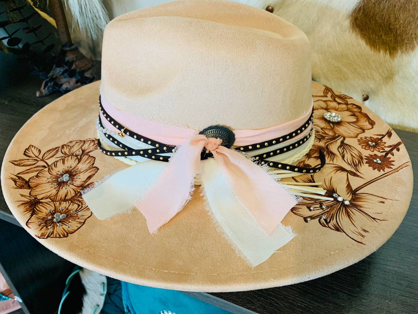 Hand Burned Rancher Hat with Floral Design