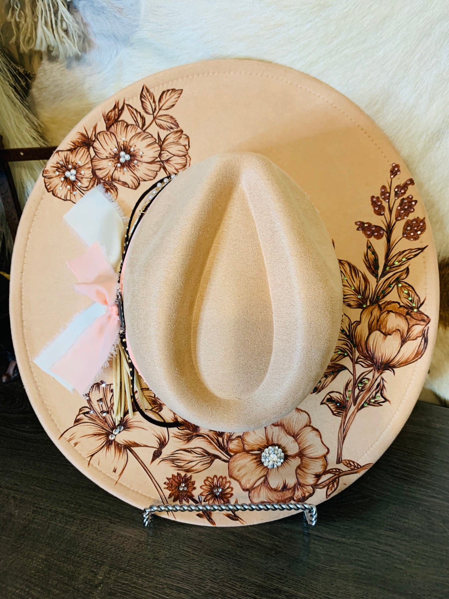 Hand Burned Rancher Hat with Floral Design