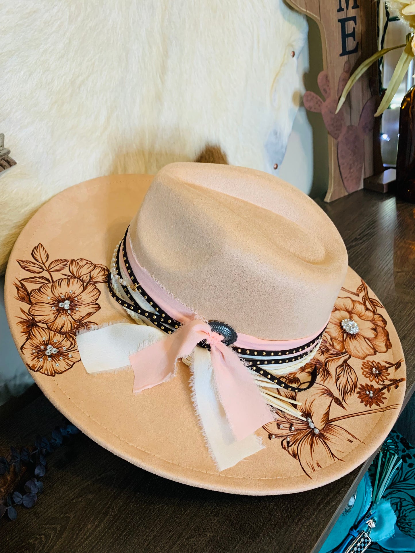Hand Burned Rancher Hat with Floral Design