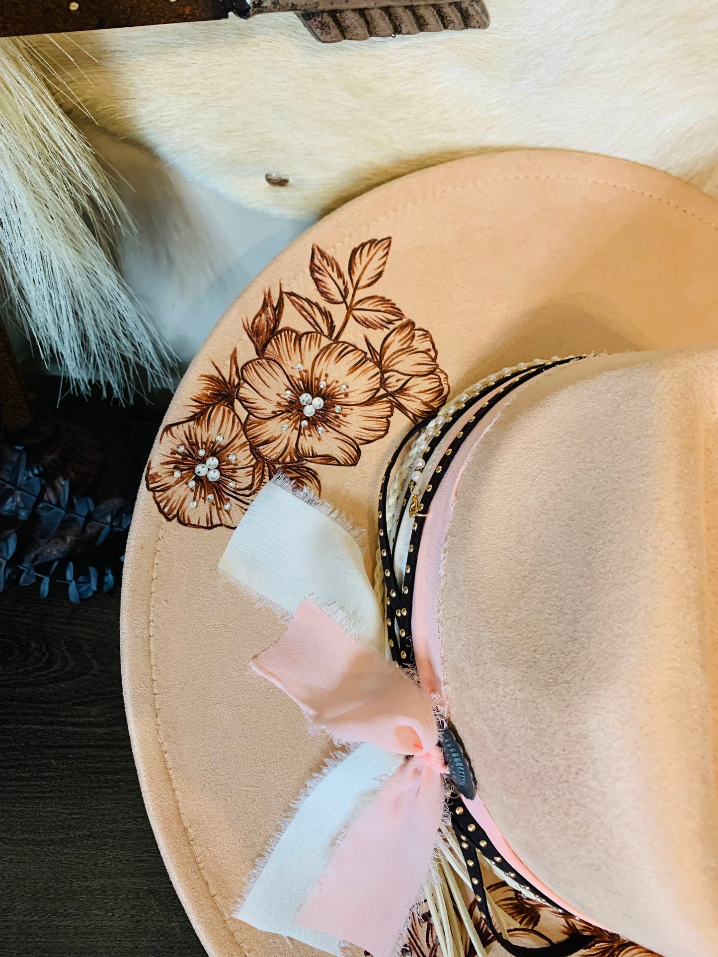 Hand Burned Rancher Hat with Floral Design
