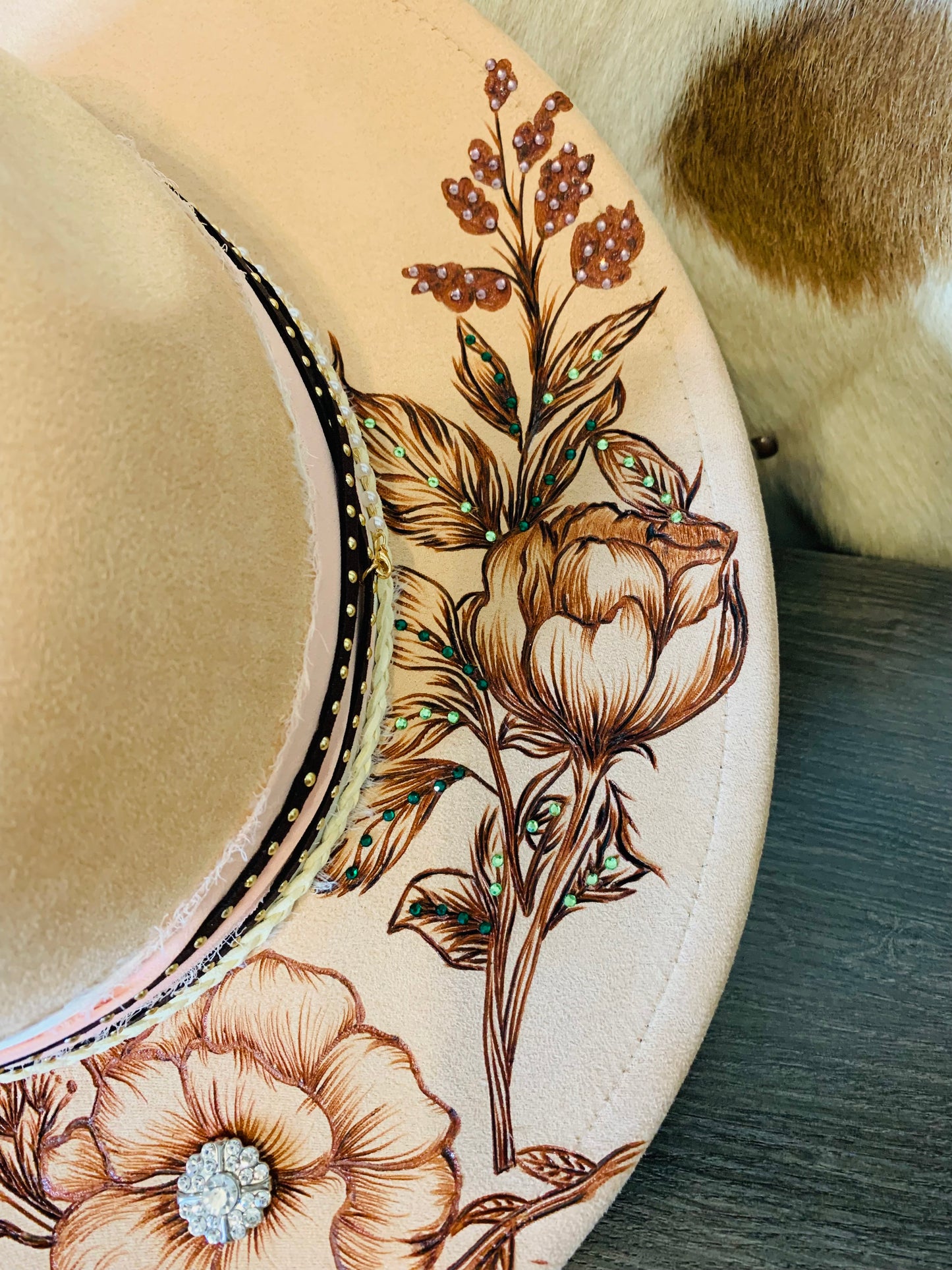Hand Burned Rancher Hat with Floral Design