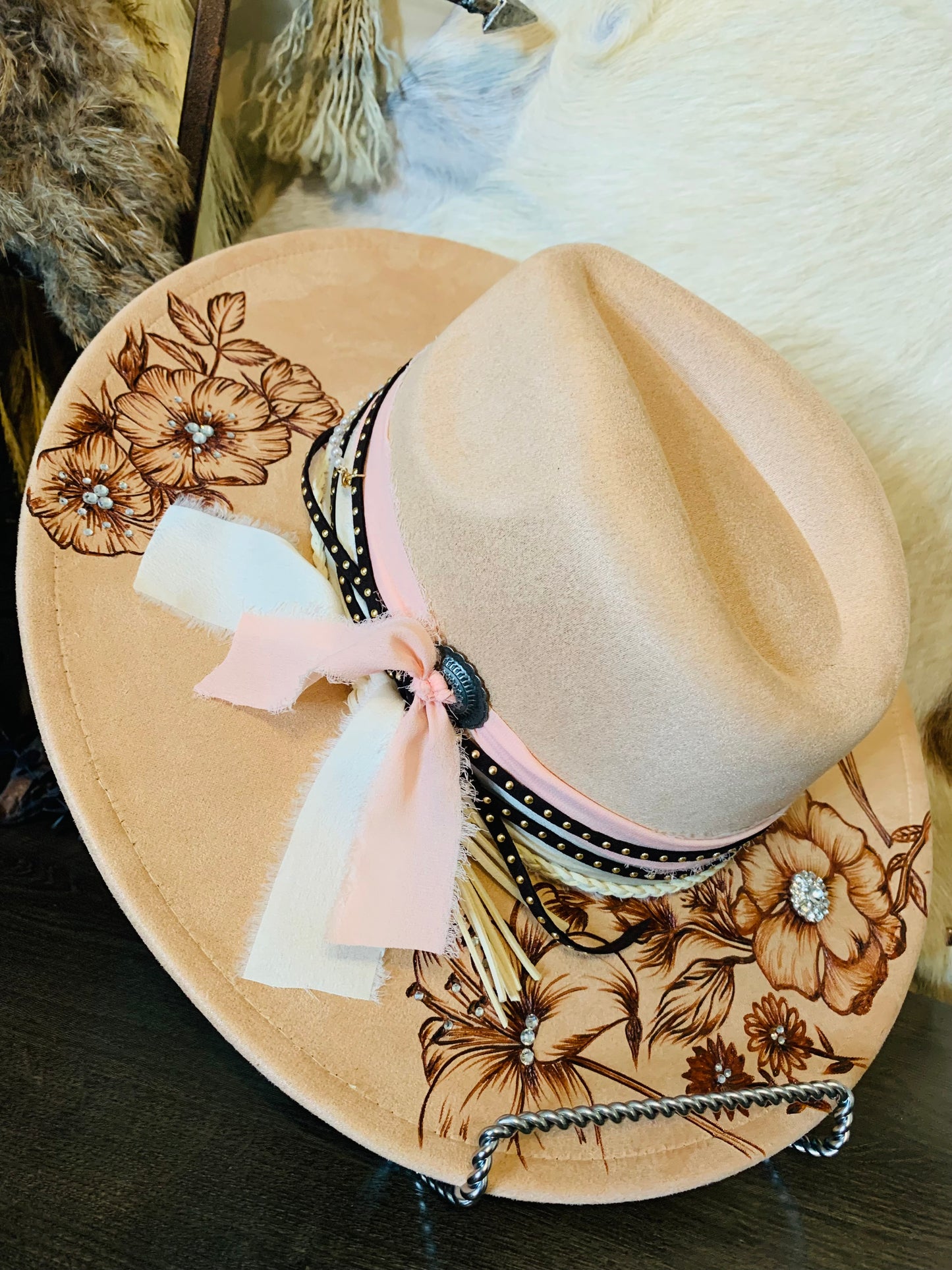 Hand Burned Rancher Hat with Floral Design