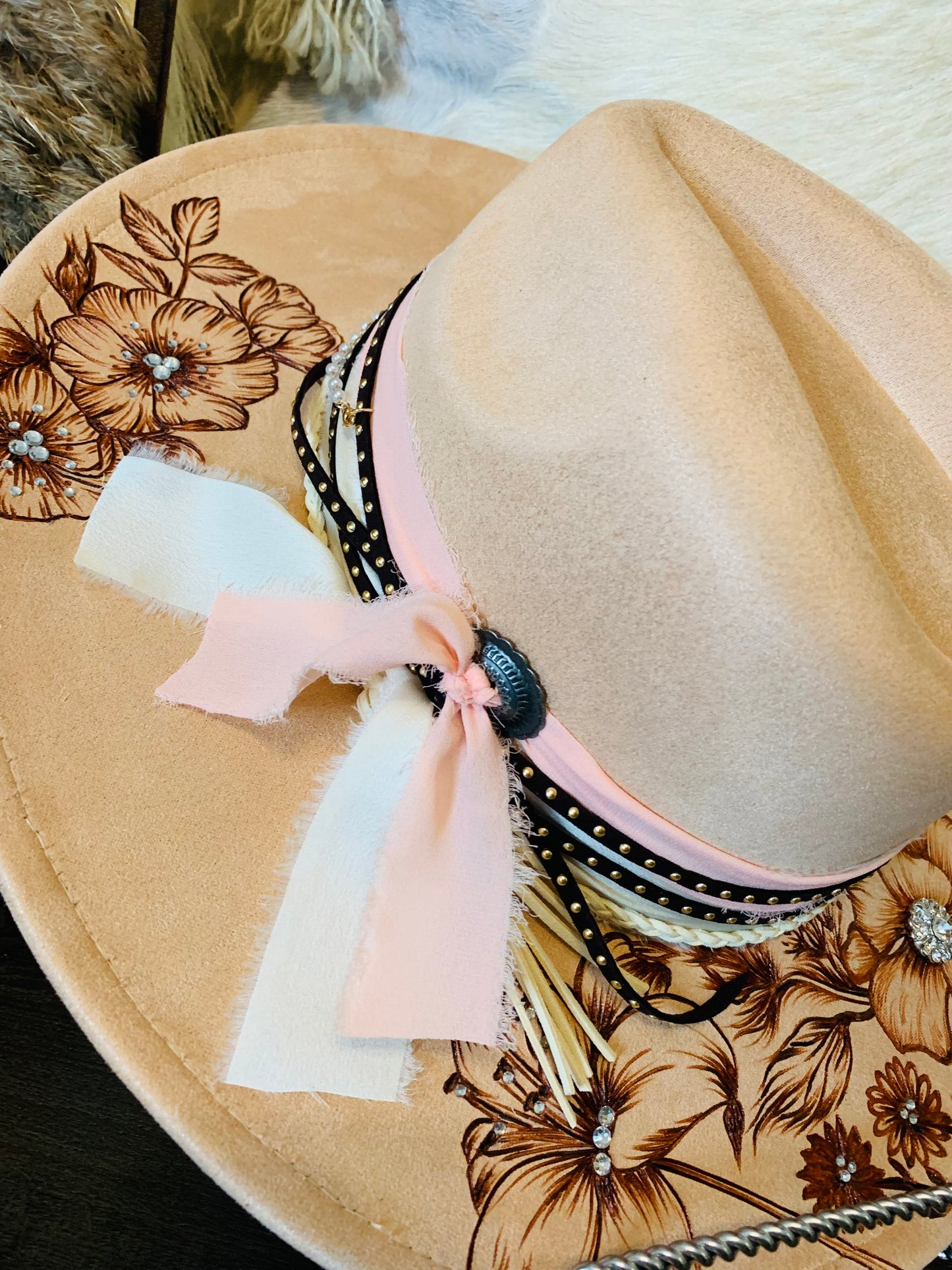 Hand Burned Rancher Hat with Floral Design