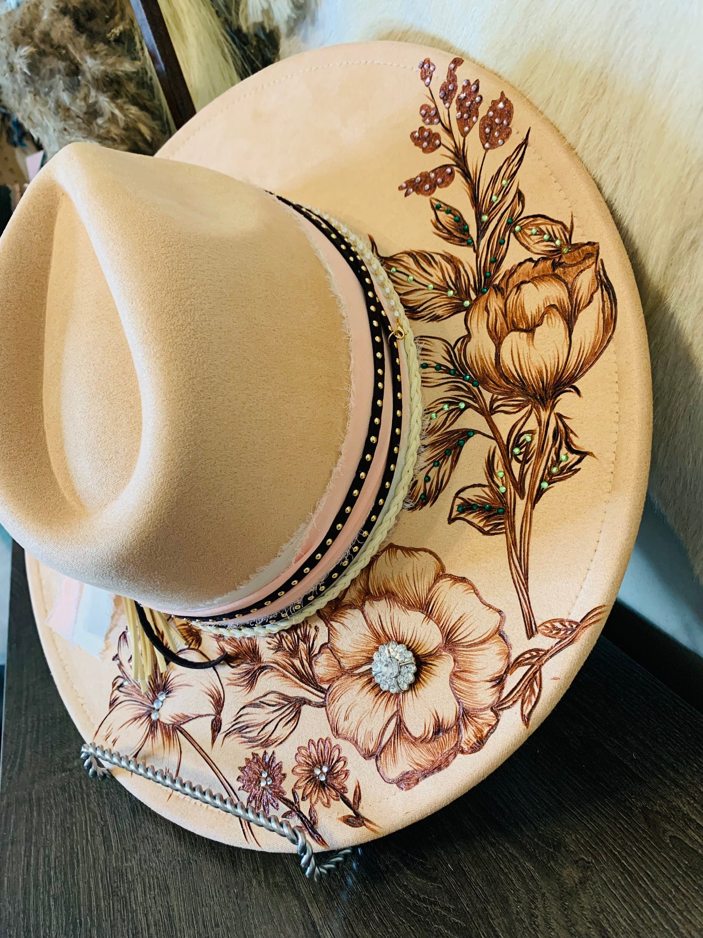 Hand Burned Rancher Hat with Floral Design