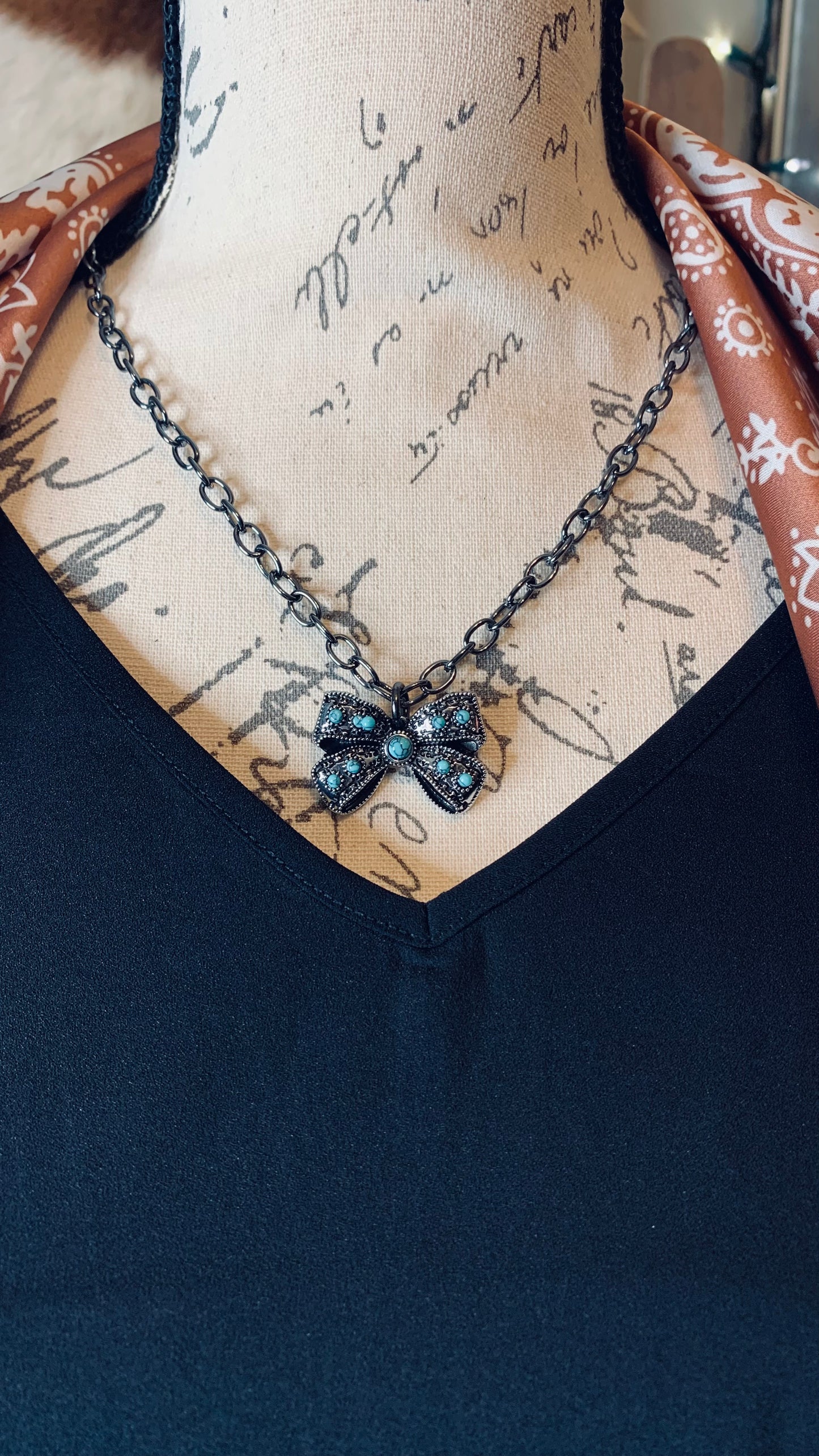 Antique Silver Turquoise Bow Necklace