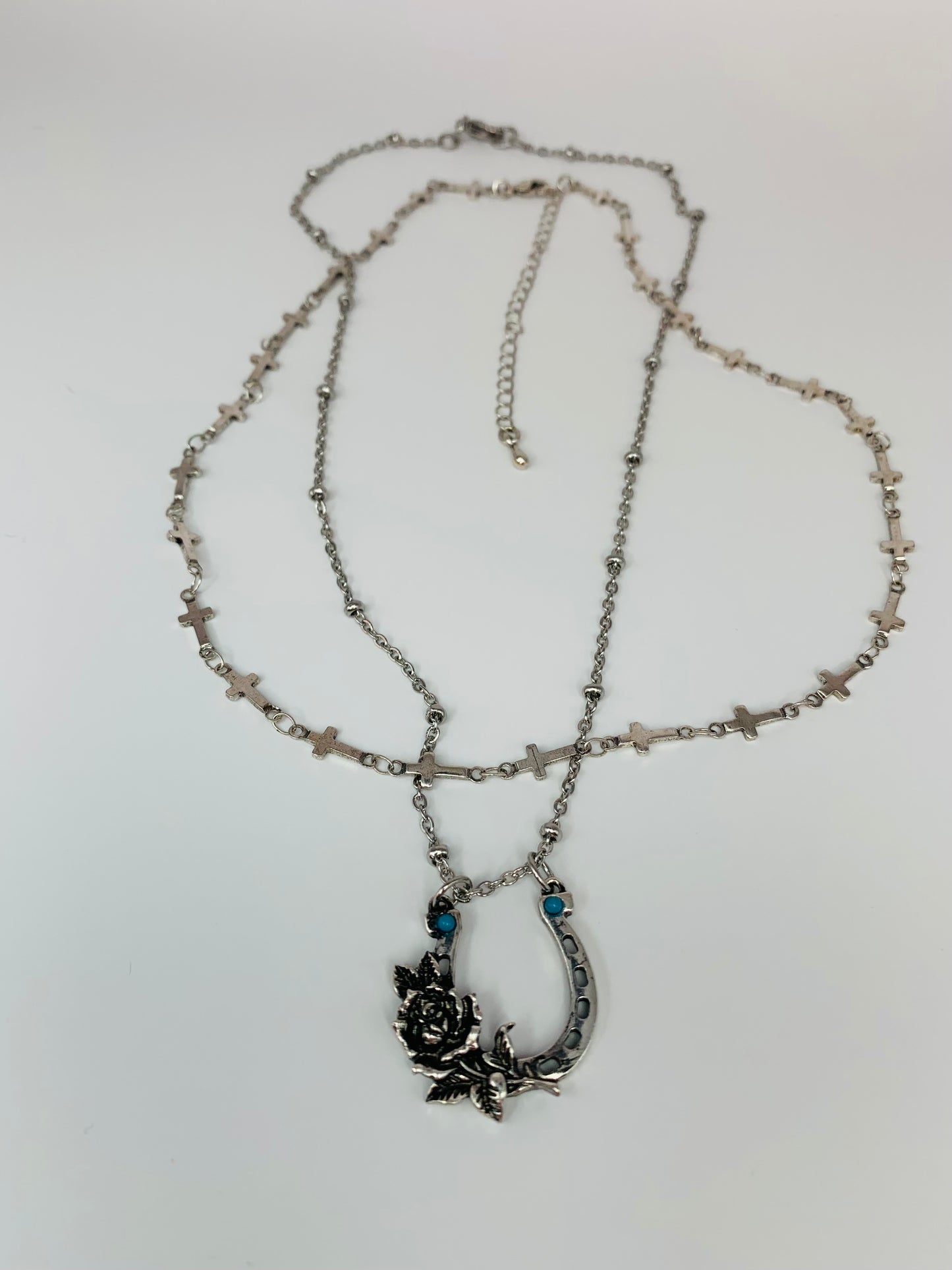 Antique Silver Horseshoe and Cross Necklace Set
