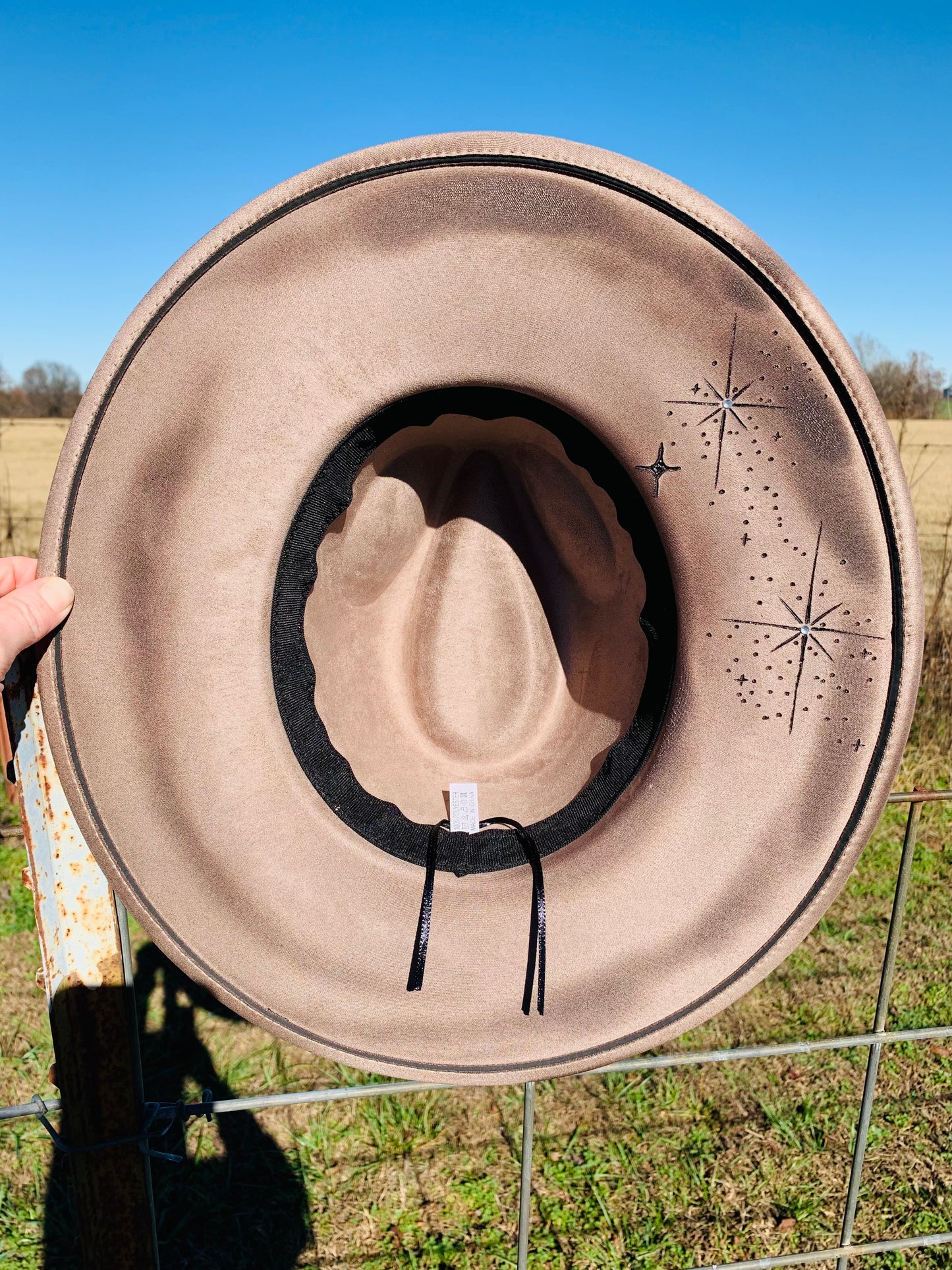 Hand Burned Rancher Hat with Feathers "Stronger than the Storm"