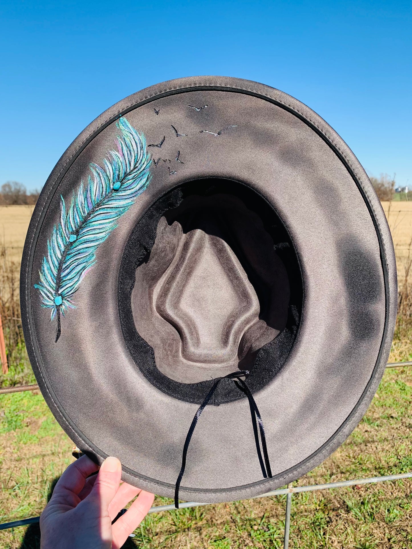 Hand Burned Arrowhead Rancher Hat "Feathers and Arrows" Design