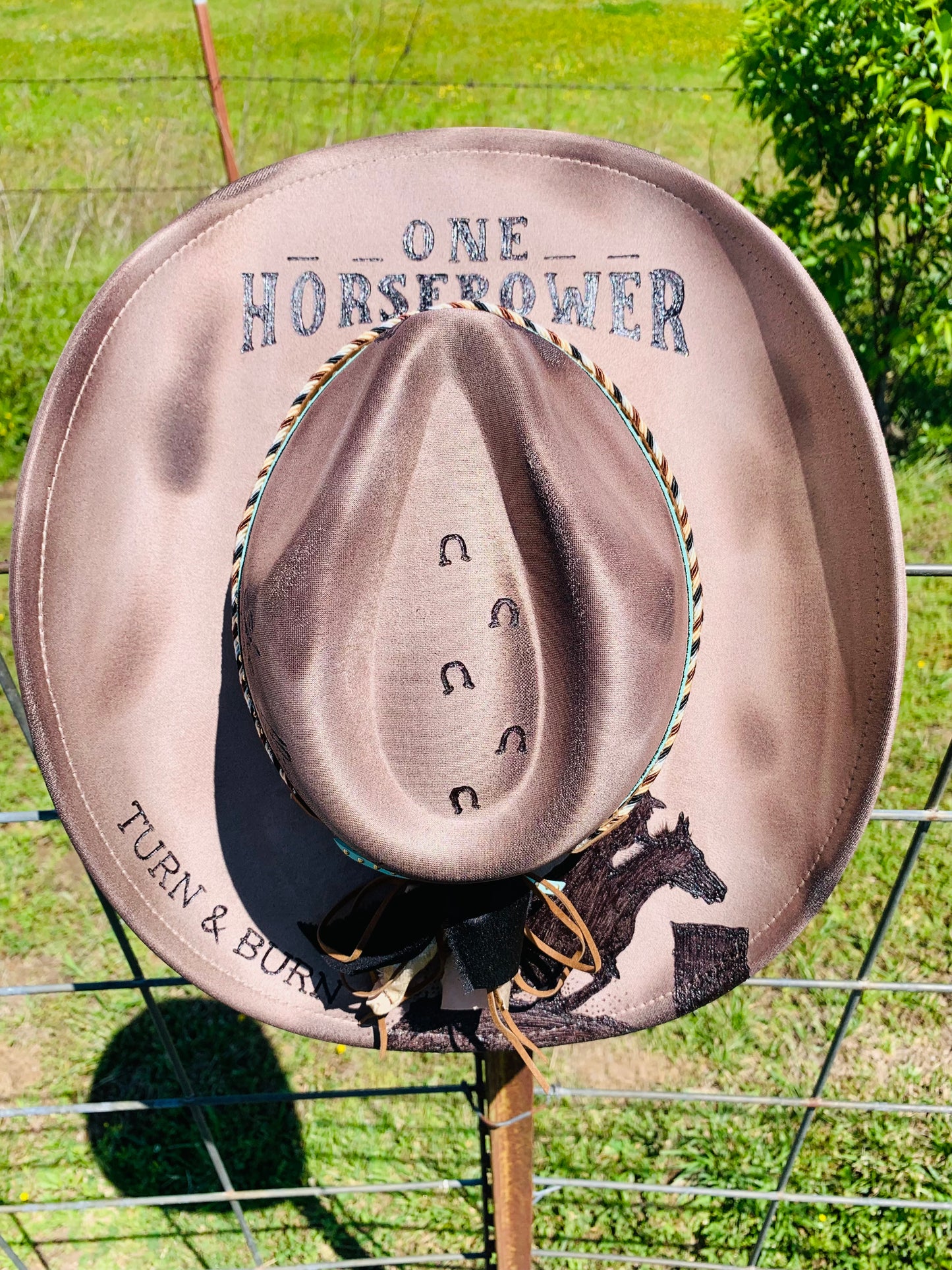 Hand Burned Cowboy Hat "One Horsepower" Design