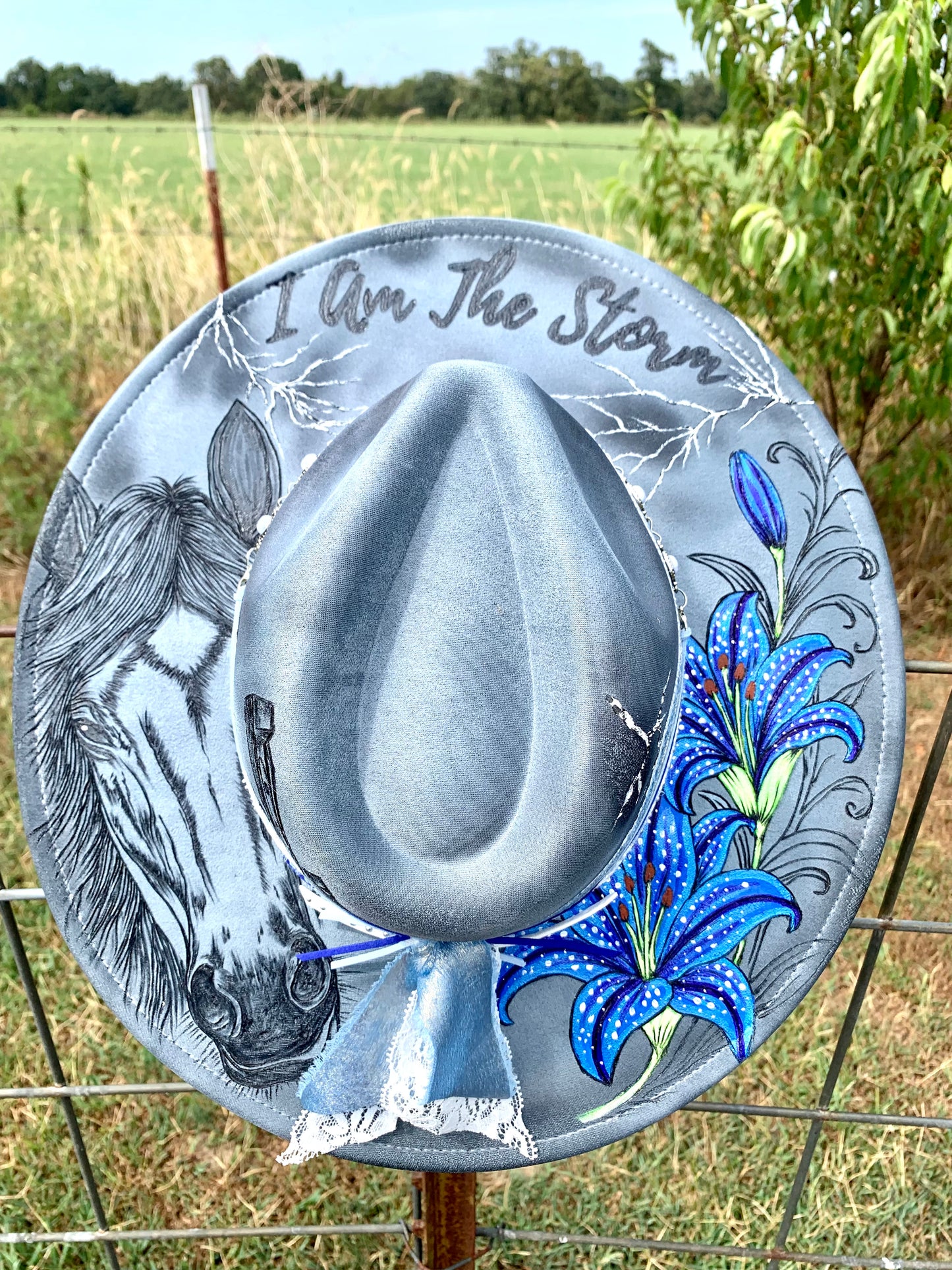 Hand Burned Rancher Hat "I Am The Storm" Design