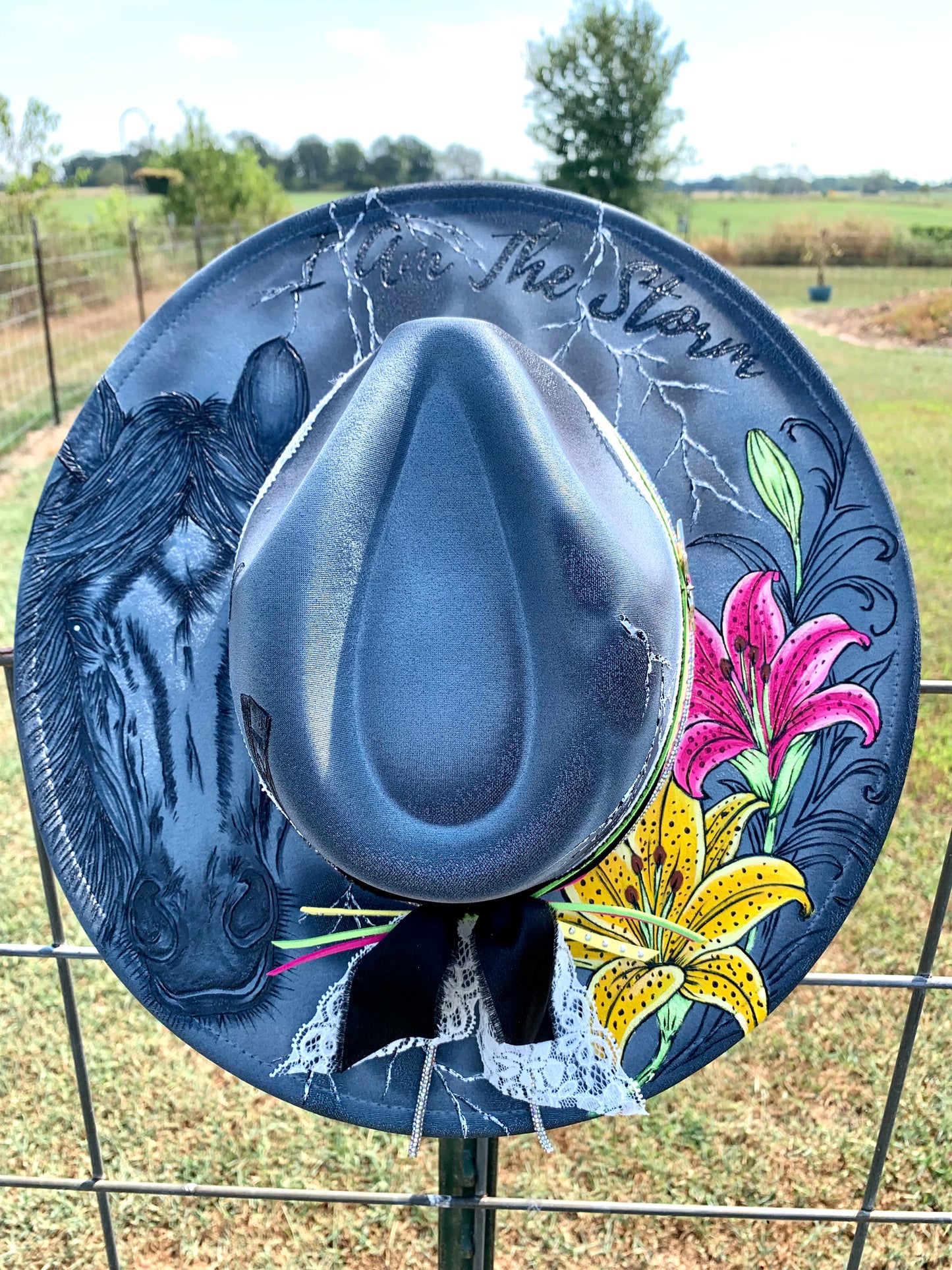 Hand Burned Rancher Hat "I Am The Storm" Design