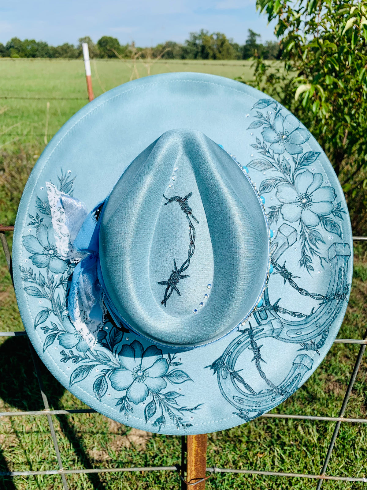 Hand Burned Rancher Hat "Horseshoes and Barbed Wire" Design