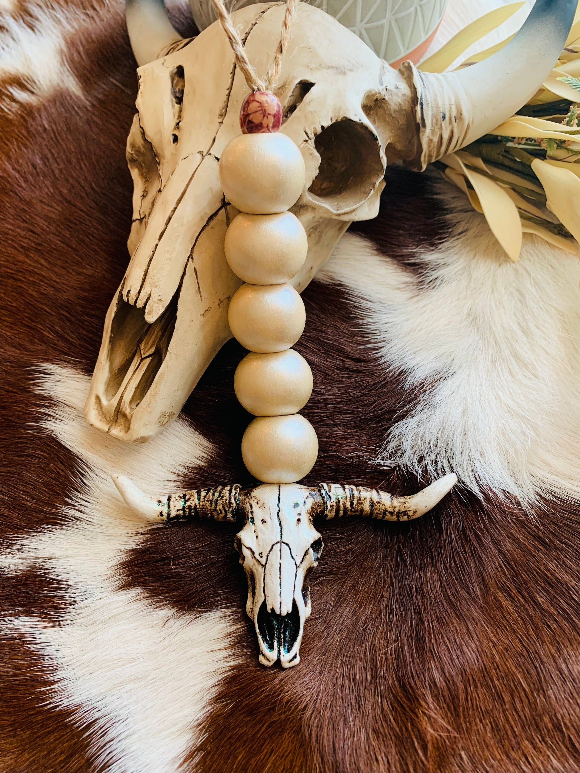 Bull Skull Wood Bead Car Charm Wild Western Dreams