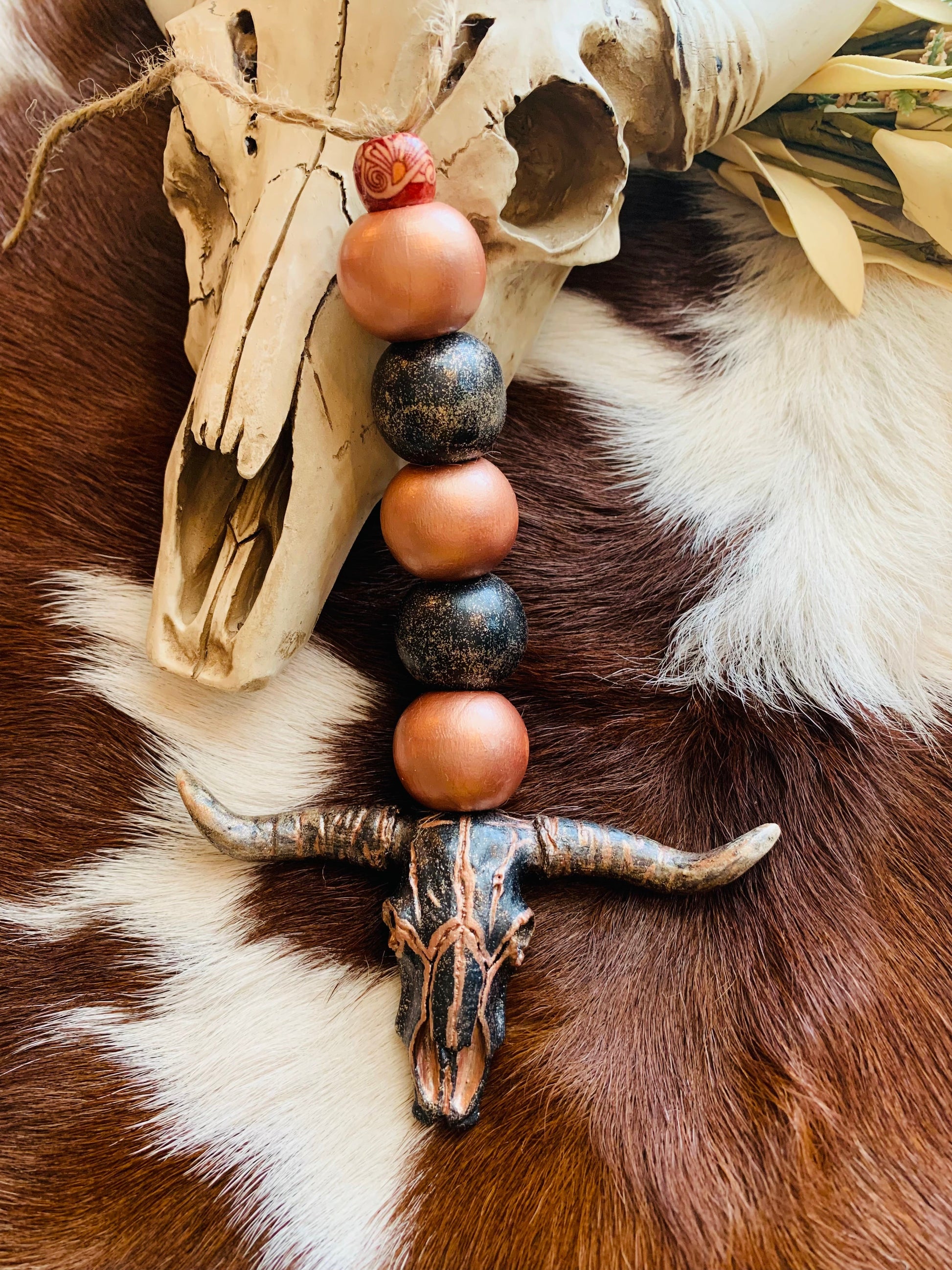 Bull Skull Wood Bead Car Charms Wild Western Dreams