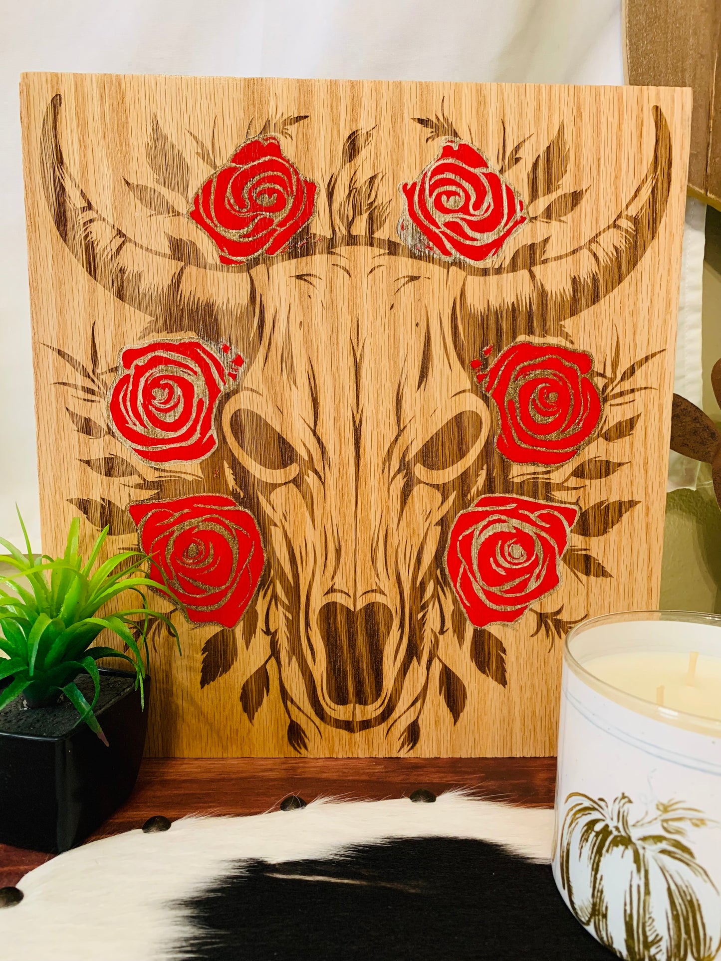 Laser Burned "Bull Skull and RED Roses"