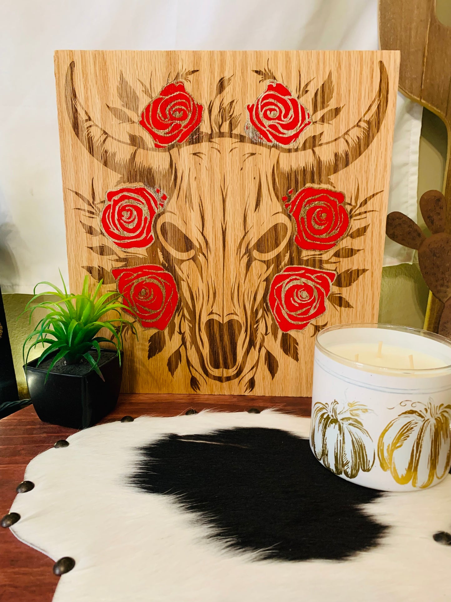 Laser Burned "Bull Skull and RED Roses"