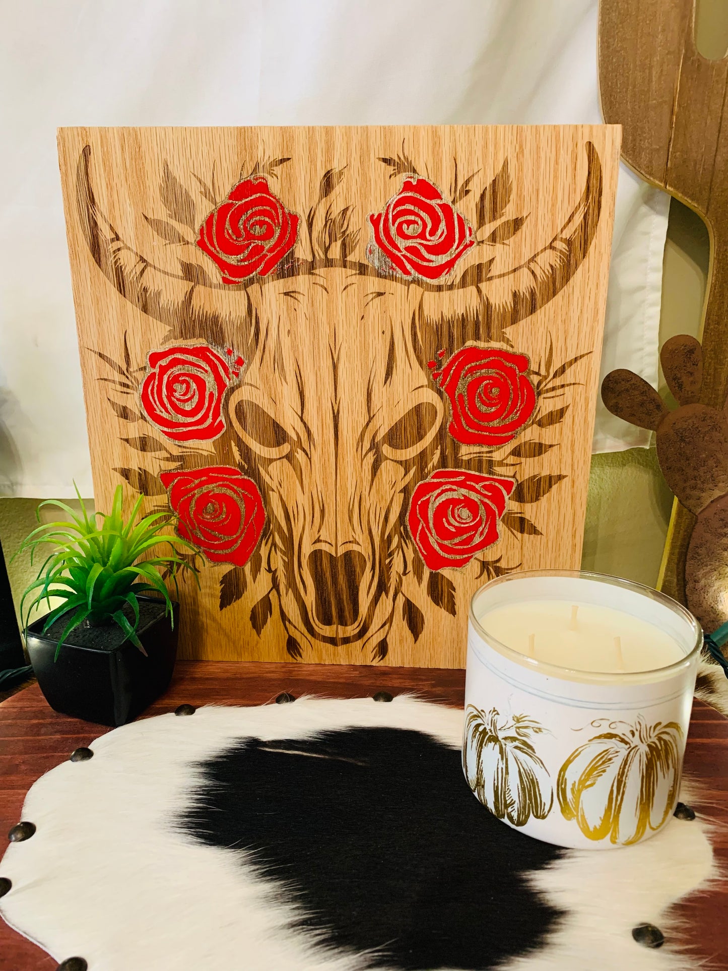 Laser Burned "Bull Skull and RED Roses"