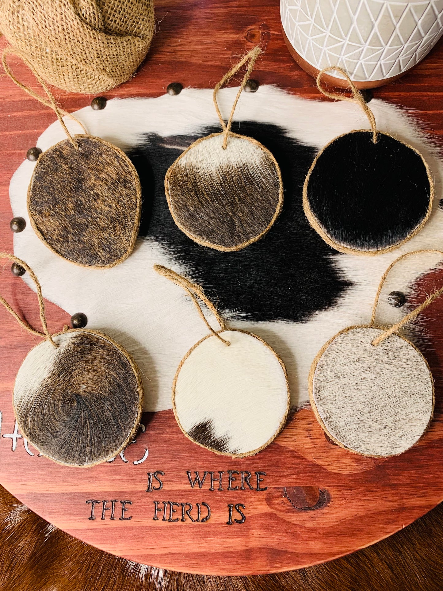 Set of 6 Rustic Cowhide Ornaments