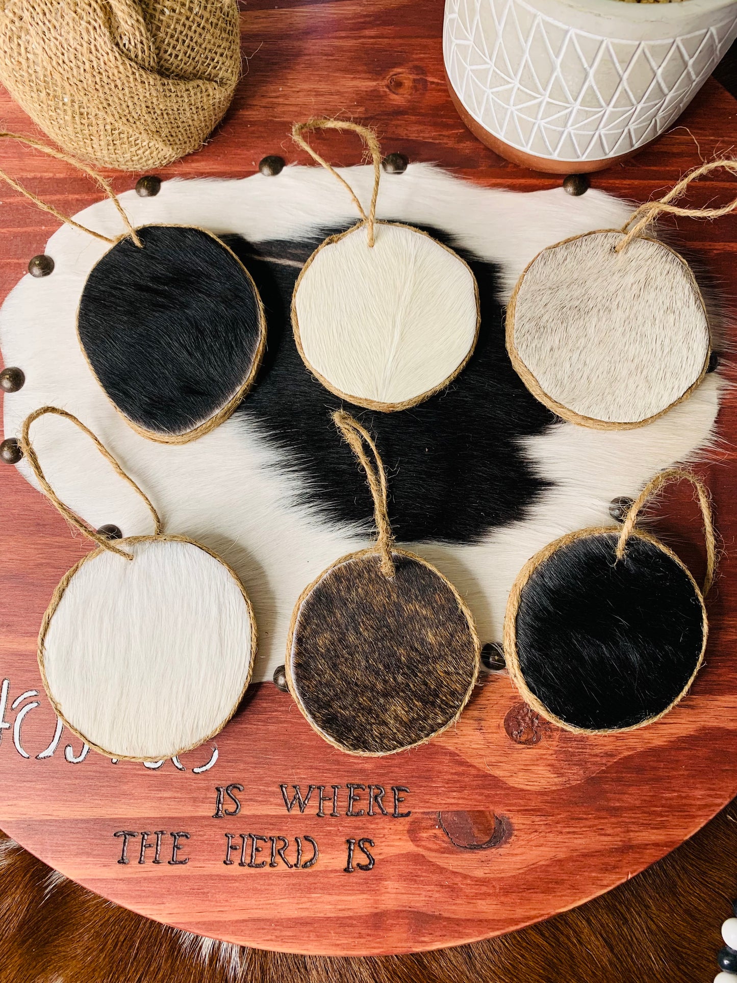 Set of 6 Rustic Cowhide Ornaments