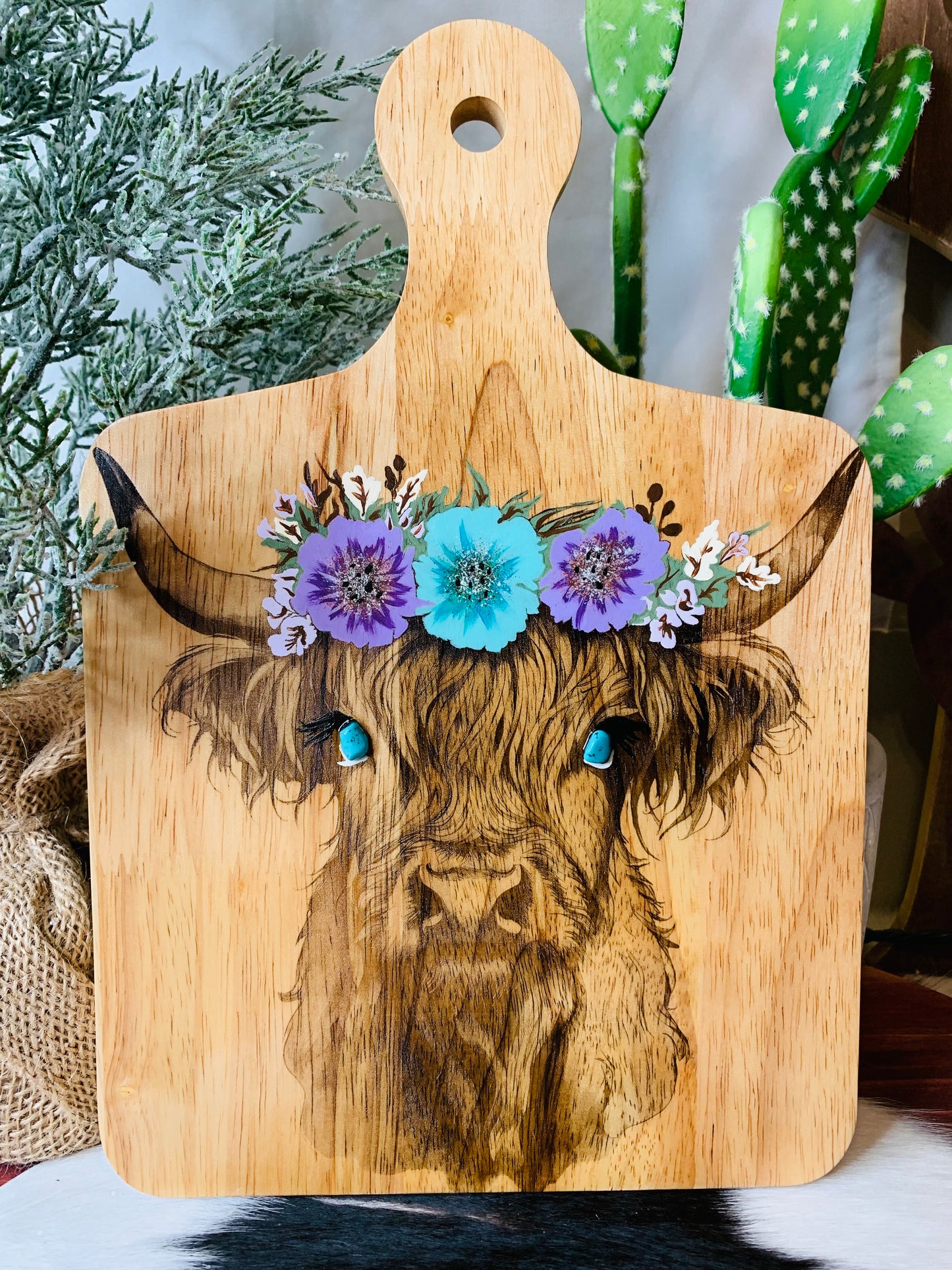 Laser Burned Highland Cow/Hand Painted