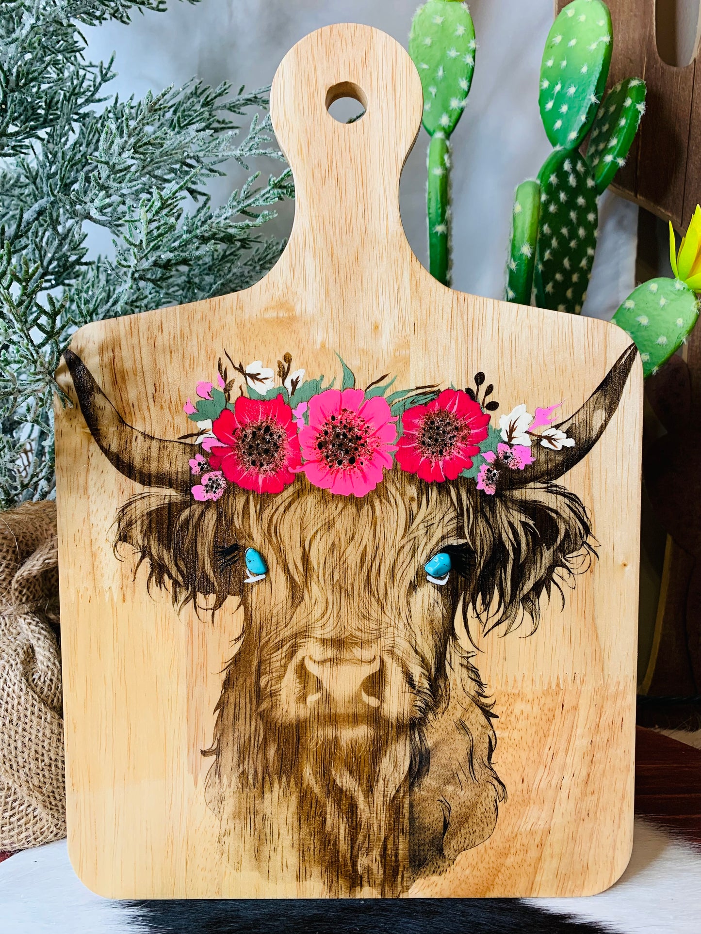 Laser Burned Highland Cow/Hand Painted