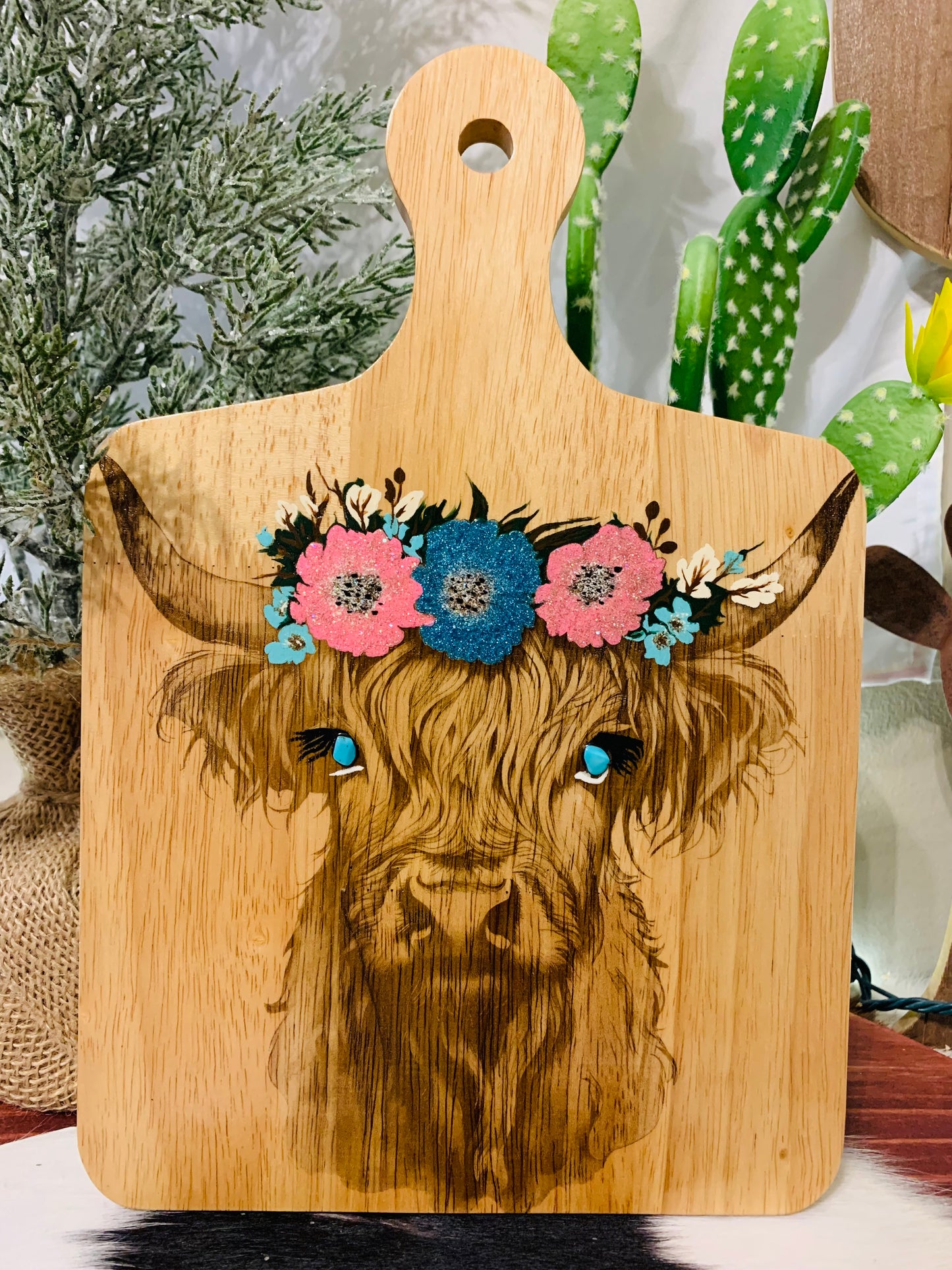 Laser Burned Highland Cow/Hand Painted